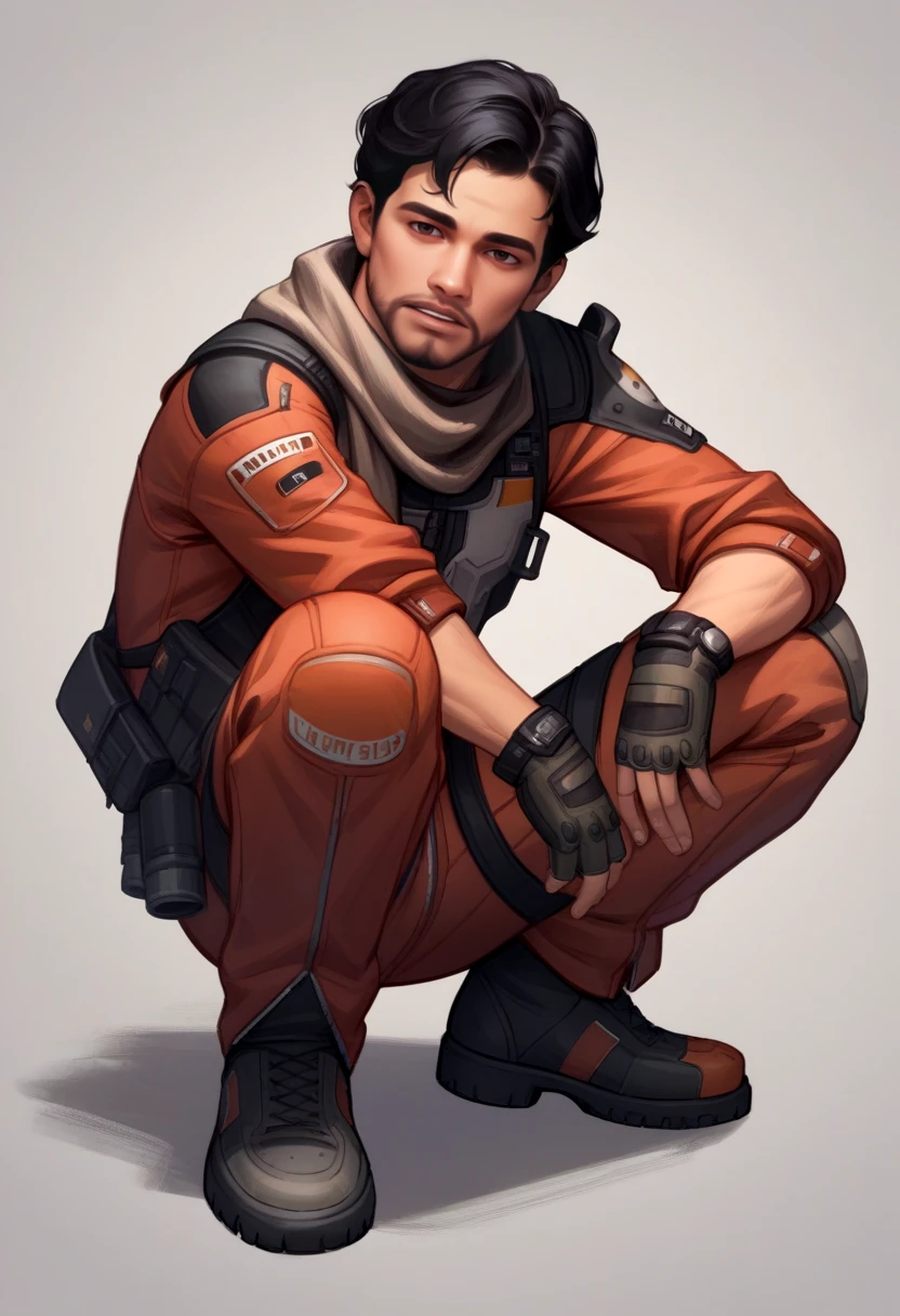 score_9, score_8_up, score_7_up, source_anime BREAK 1boy, solo, male focus, <lora:jackcooper-tif-richy-v1_pdxl:1> jackcooper, black hair, short hair, facial hair, scarf, orange jumpsuit, fingerless gloves, squatting, parted lips, tactical clothes