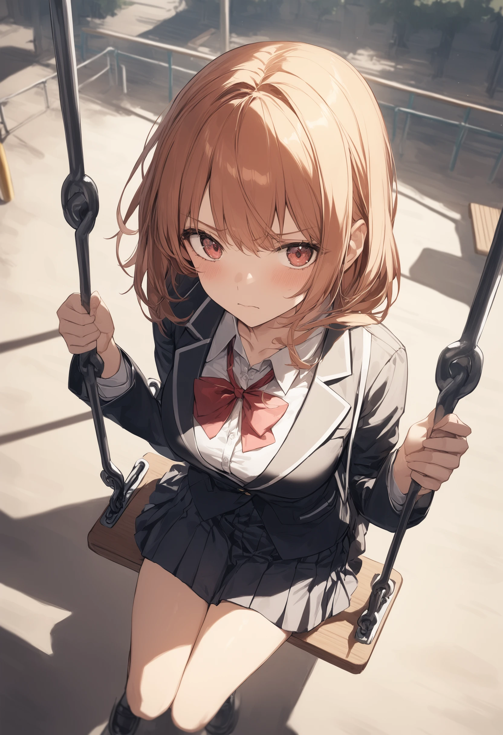 1girl, <lora:sdxl2-flat2-512b:-1>,medium breasts,school uniform,
<lora:swing_XL_v1:0.8>,swing, playground, day,
from above, wide shot, looking to the side, troubled eyebrows, plateau, open mouth,
best quality,medium quality,