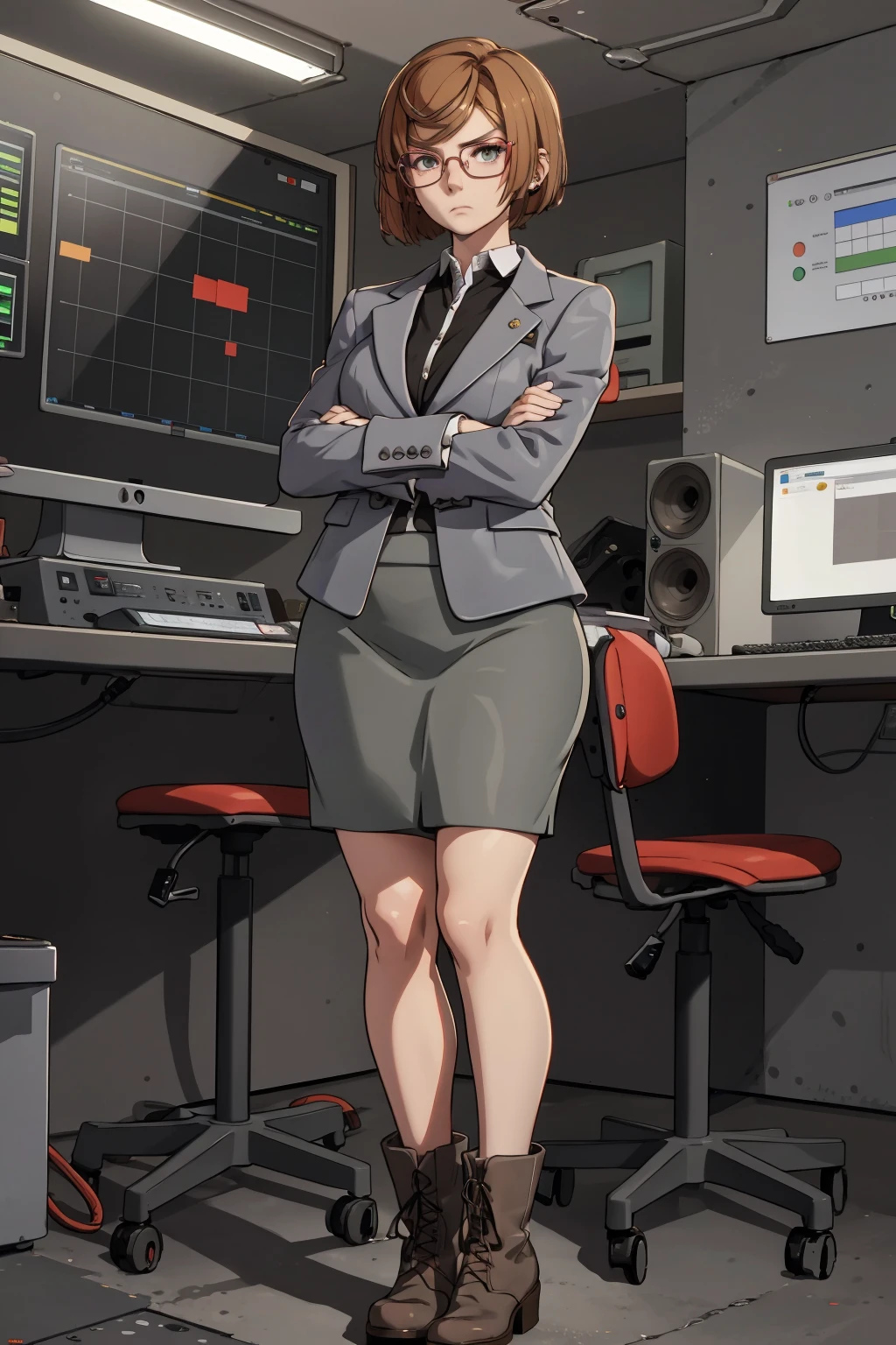 masterpiece,best quality,absurdres,1girl,preserica, <lora:PresErica:0.85>,glasses,formal,suit,grey jacket,grey skirt,crossed arms,looking at viewer,scowling,in underground bunker,control room,computer monitor,full body,boots, <lora:LORA-XenoDetailer-v2:0.1>