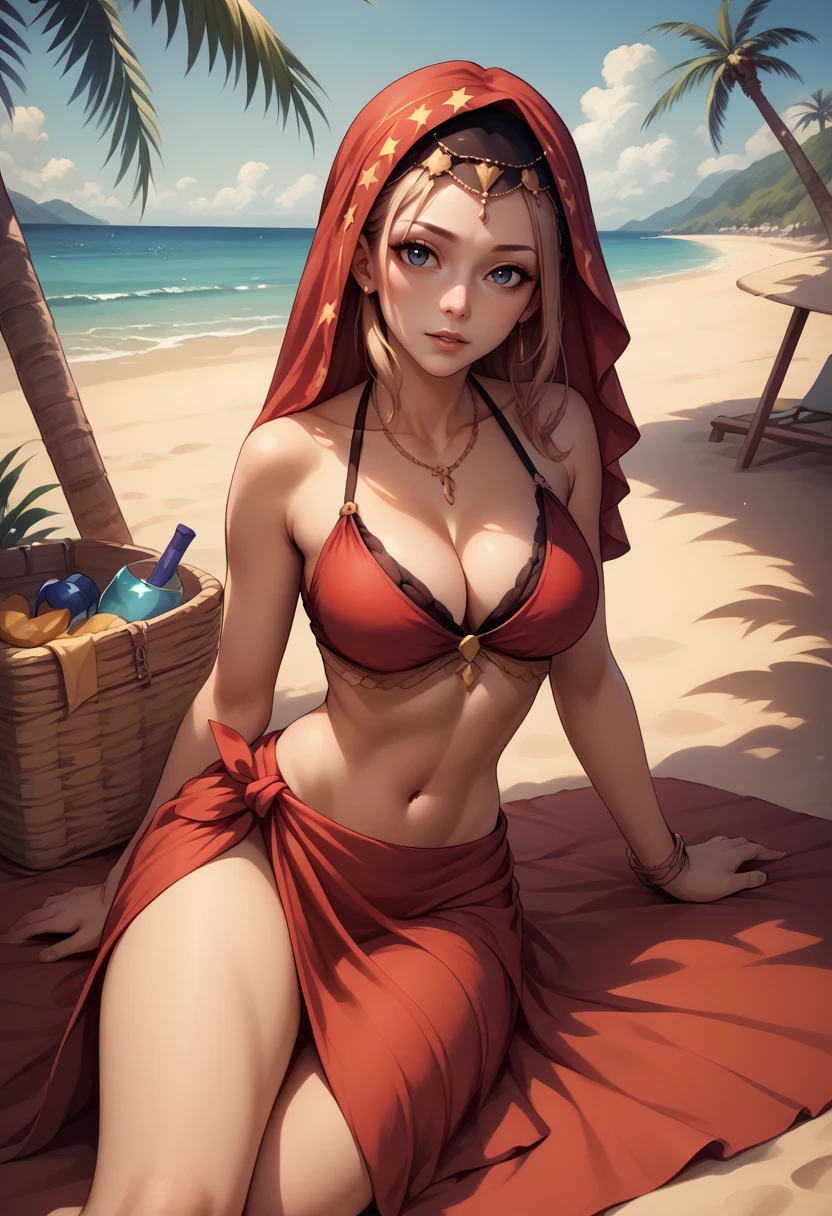 score_9, score_8_up, score_7_up, source_anime, 1girl, solo, looking at viewer, parted lips, <lora:VelvetOS:1> velvetOS, veil, midriff, red bikini, cleavage, sarong, on side, beach, palm tree, towel