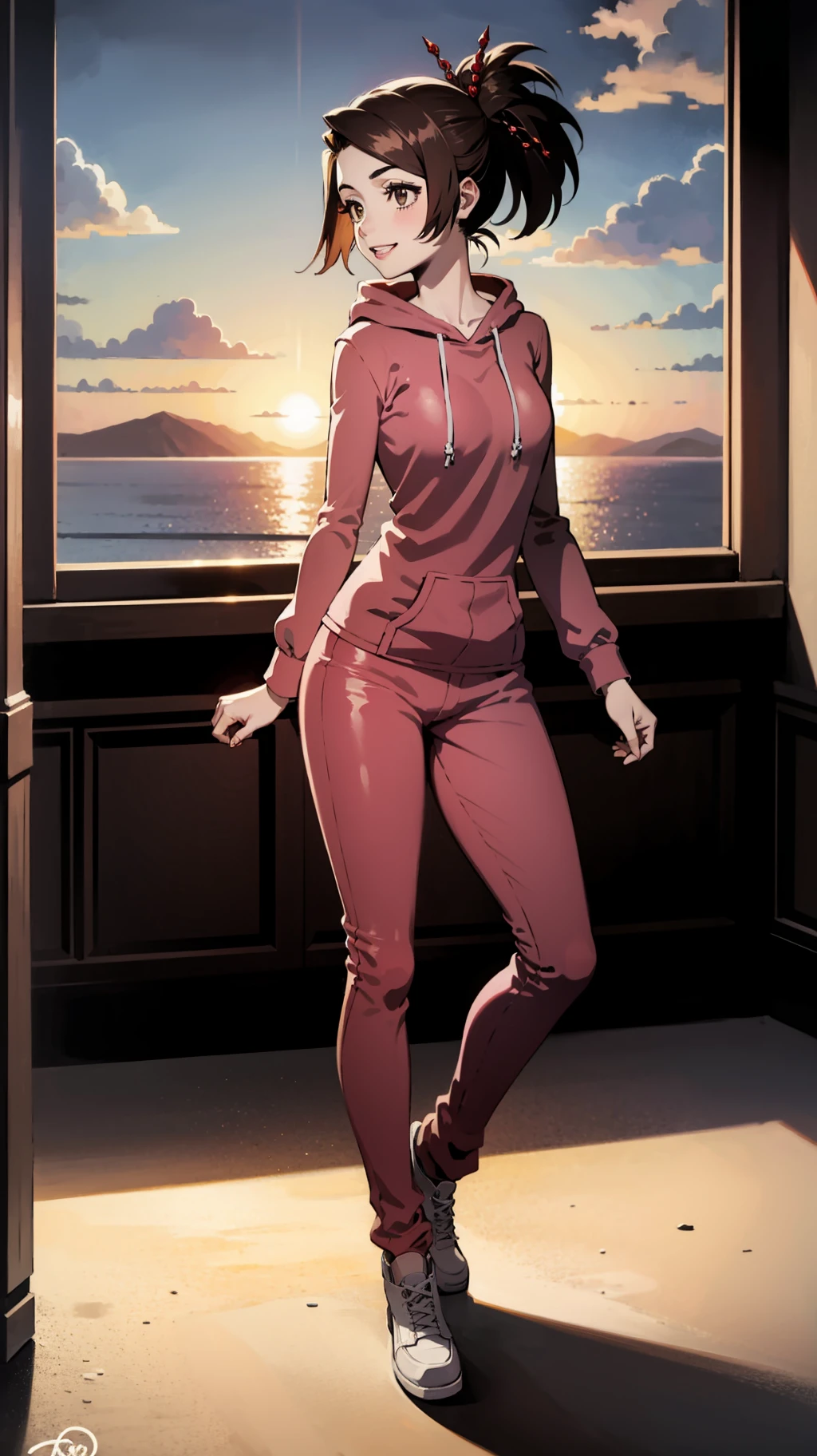 masterpiece, best quality, 1girl, solo, <lora:EPscFuu-07:1.0>, EPscFuu, brown hair, brown eyes,short hair, ponytail, hair ornament, from afar, full body, bedroom, day, clouds, breast rest, animal hoodie, bellbottoms, light smile