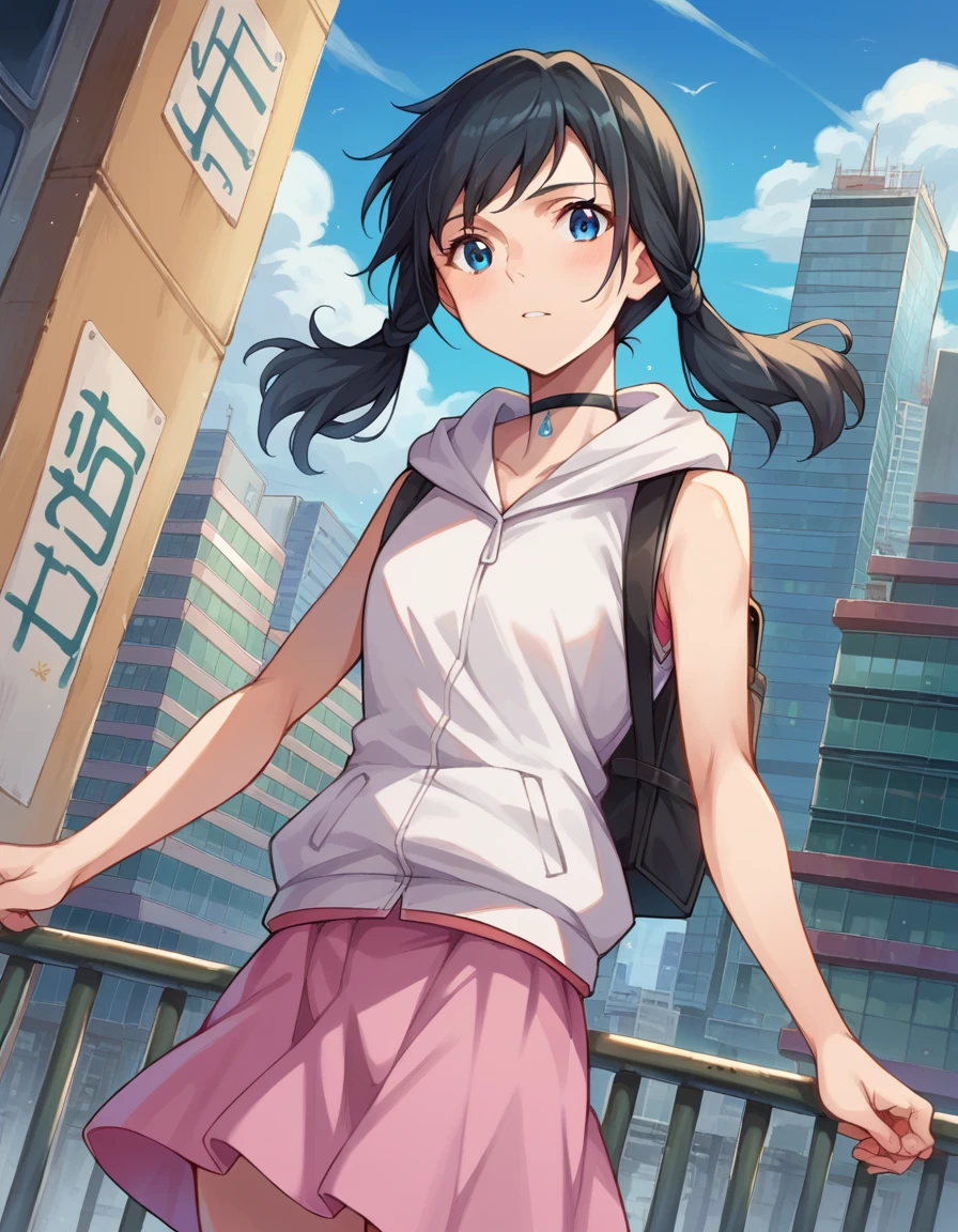 score_9, score_8_up, score_7_up, source_anime,
hinaamano, <lora:hina-amano-ponyxl-lora-nochekaiser:1>,
hina amano, black hair, twintails, blue eyes,
skirt, jacket, sleeveless, choker, hood, bag, hoodie, white jacket, backpack, hood down, hooded jacket, pink skirt, sleeveless jacket, sleeveless hoodie,
outdoors, cityscape,
looking at viewer, dutch angle, cowboy shot,