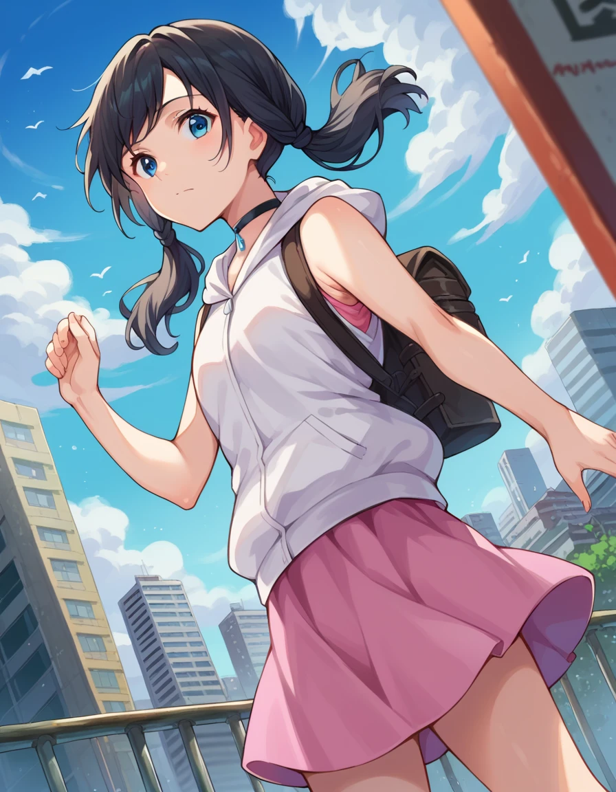 score_9, score_8_up, score_7_up, source_anime,
hinaamano, <lora:hina-amano-ponyxl-lora-nochekaiser:1>,
hina amano, black hair, twintails, blue eyes,
skirt, jacket, sleeveless, choker, hood, bag, hoodie, white jacket, backpack, hood down, hooded jacket, pink skirt, sleeveless jacket, sleeveless hoodie,
outdoors, cityscape,
looking at viewer, dutch angle, cowboy shot,