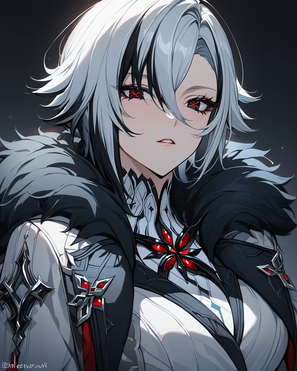 best quality, masterpiece,lora:arlecchino_new:1>ï¼red_pupils, simple_background, solo, black_gloves, twitter_username, x-shaped_pupils, 1girl, arlecchino_\(genshin_impact\), long_sleeves, fur-trimmed_coat, highres, parted_lips, upper_body, english_commentary