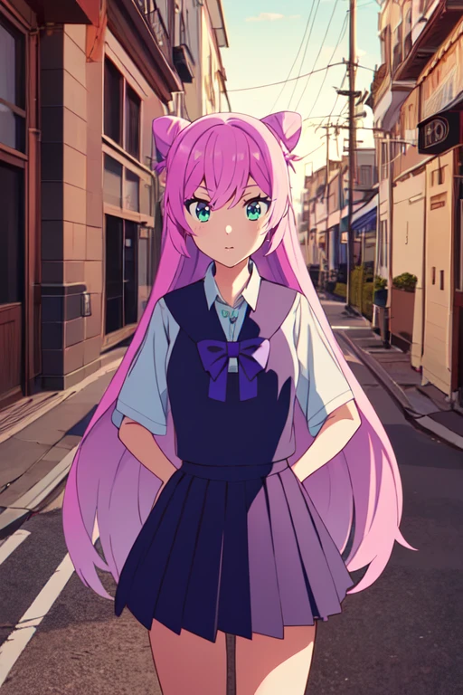 concept art <lora:AkariWatanabeR4:0.7>, AkariWatanabeR4,1girl,very long hair, pink hair, aqua eyes, double bun, masterpiece, high quality, highres, absurdres, school uniform, solo, outdoors, . digital artwork, illustrative, painterly, matte painting, highly detailed