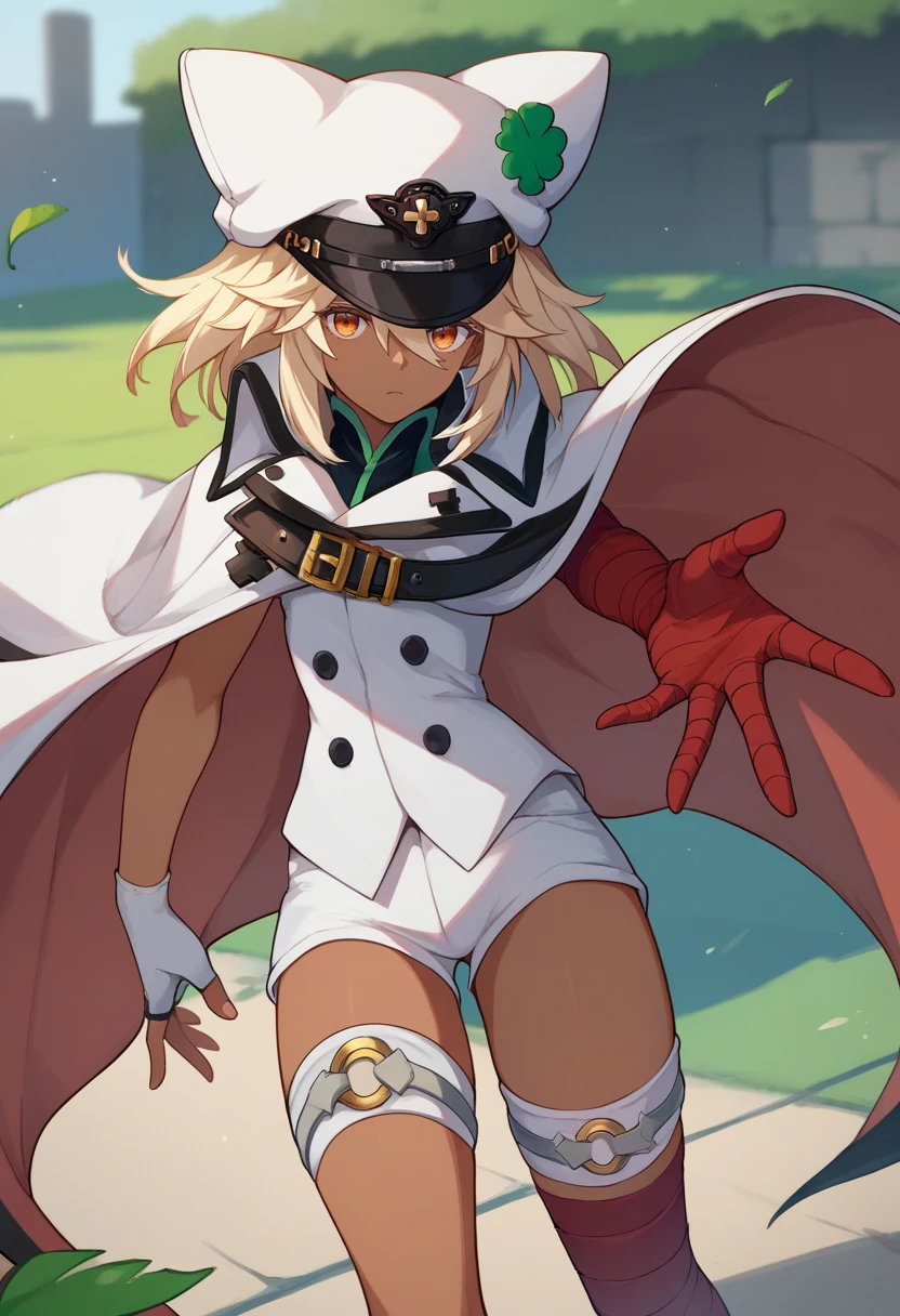 score_9, score_8_up, score_7_up, source_anime, 1girl, striveramlethal, dark skin, expressionless, looking at viewer, outstretched arm, hat, four-leaf clover, orange eyes, cape, white shirt, white gloves, fingerless gloves, white shorts, thigh strap, bandages, bandaged arm, bandaged leg, outdoors <lora:guiltygear_strive_ramlethal_ponyXL:1>