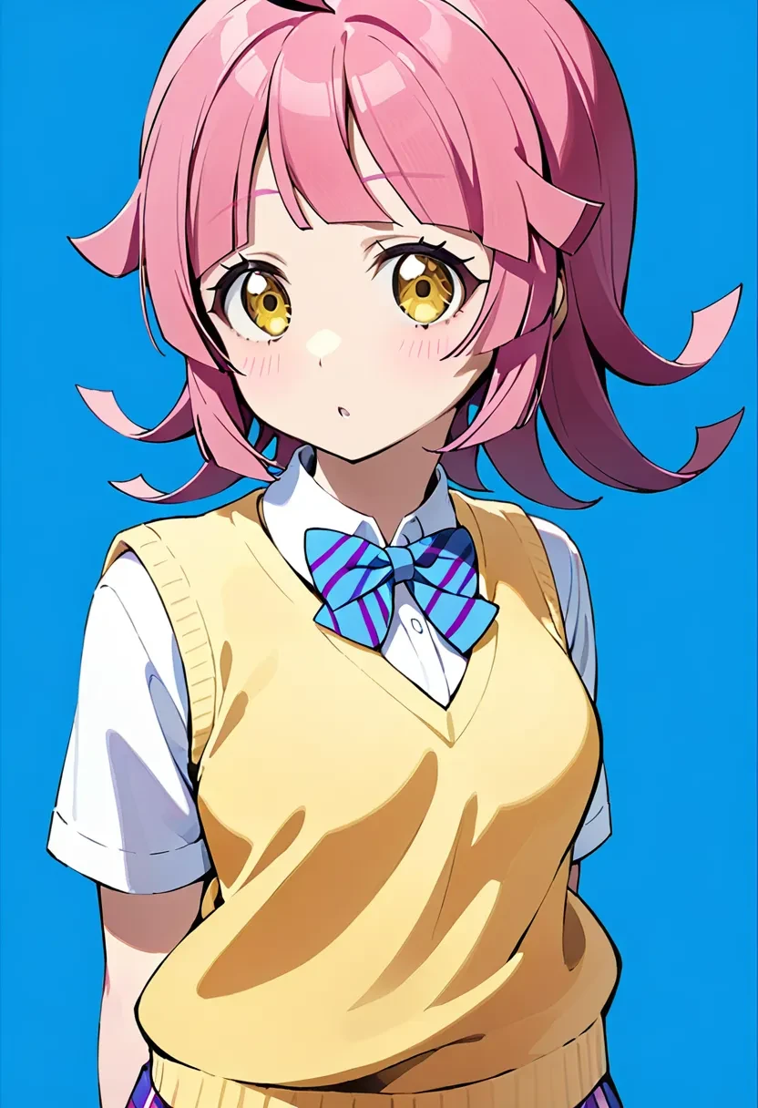 1girl, love live tennouji rina, yellow eyes, white shirt and blue bowtie and yellow sweater vest otonokizaka school uniform, simple blue background