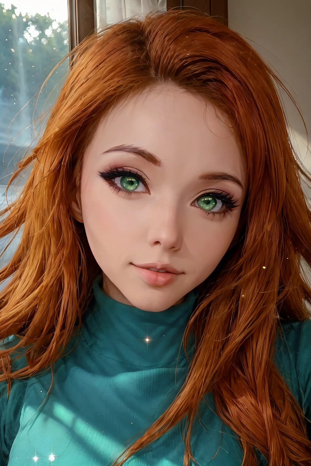 (#2D Anime Style), masterpiece, best quality, <lora:am0ur4nth_v2:0.7> am0ur4nth, 2D anime girl,green eyes, turtleneck, looking at viewer, dutch angle, cinematic, volumetric lighting, sunbeam, soft lighting, mystical, magical, rim lighting, fantasy, sparkle, glittering