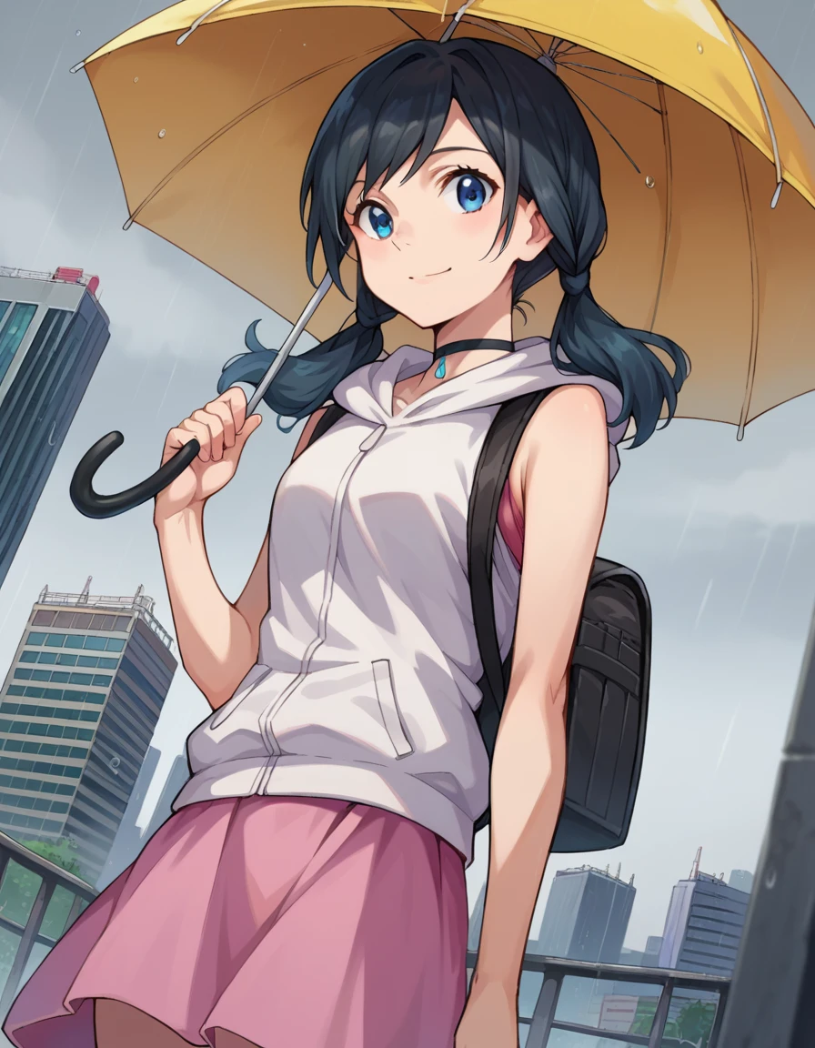 score_9, score_8_up, score_7_up, source_anime,
hinaamano, <lora:hina-amano-ponyxl-lora-nochekaiser:1>,
hina amano, black hair, twintails, blue eyes, smile,
skirt, jacket, sleeveless, choker, hood, bag, hoodie, white jacket, backpack, hood down, hooded jacket, pink skirt, sleeveless jacket, sleeveless hoodie,
outdoors, cityscape, raining, umbrella, holding umbrella,
looking at viewer, dutch angle, cowboy shot,