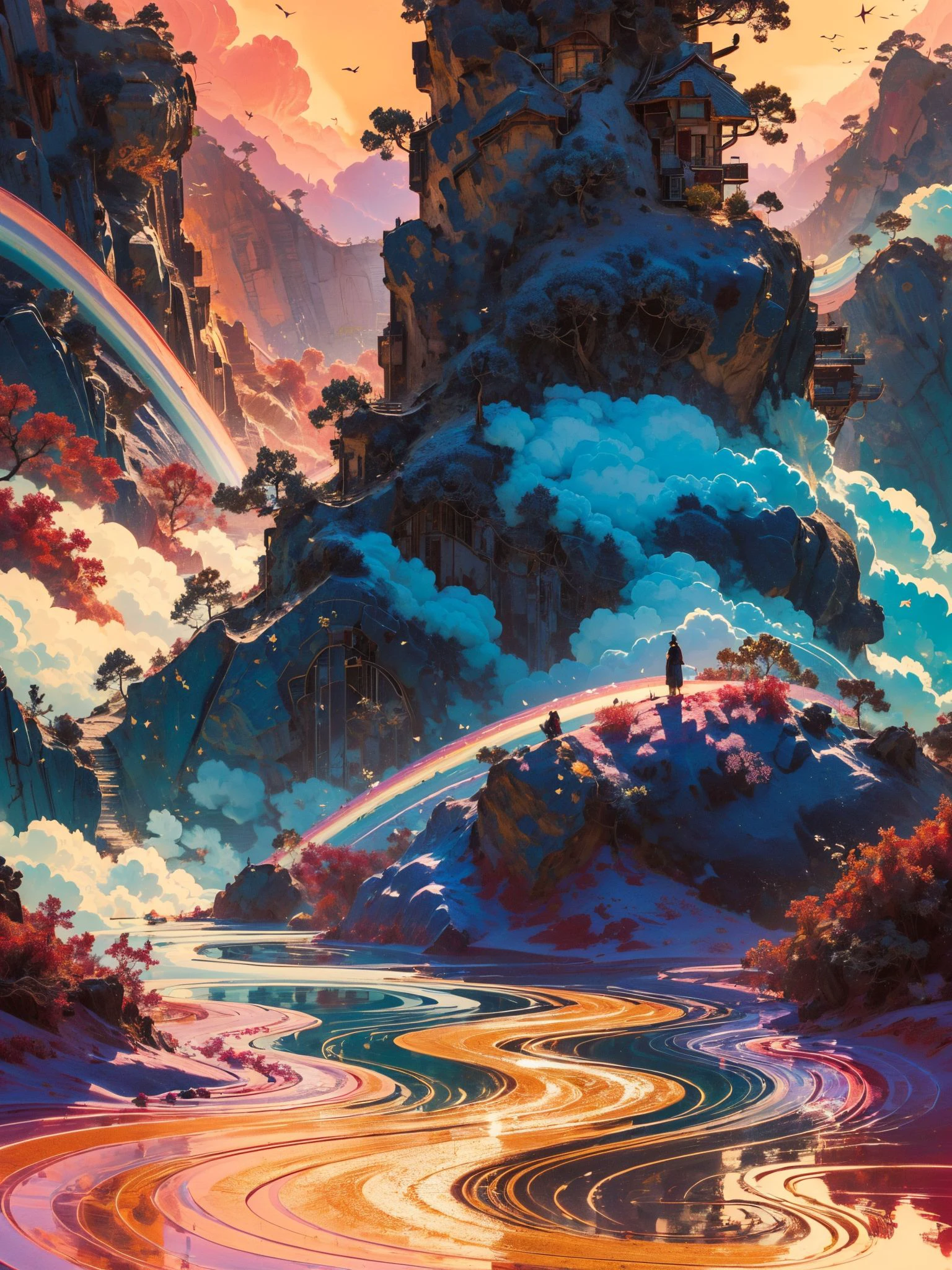 cinematic photo biomechanical style land art style hyperrealistic (A landscape with a pink atmosphere that scatters the light in different hues, creating a colorful and whimsical environment. The flora is fantastical and whimsical, such as cotton candy clouds, rainbow flowers, and candy cane trees. The geology is mostly soft and sweet, with marshmallows, chocolate, and jelly. The mood is playful and fun.),photorealistic,extreme detail,lifelike,crisp,precise,blurry . natural materials,outdoor,environmental,detailed . blend of organic and mechanical elements,futuristic,cybernetic,detailed,intricate . 35mm photograph,film,bokeh,professional,4k,highly detailed,
<lora:~Q?-h^{\ql4 xuer dreamy landscapes:0.8>,