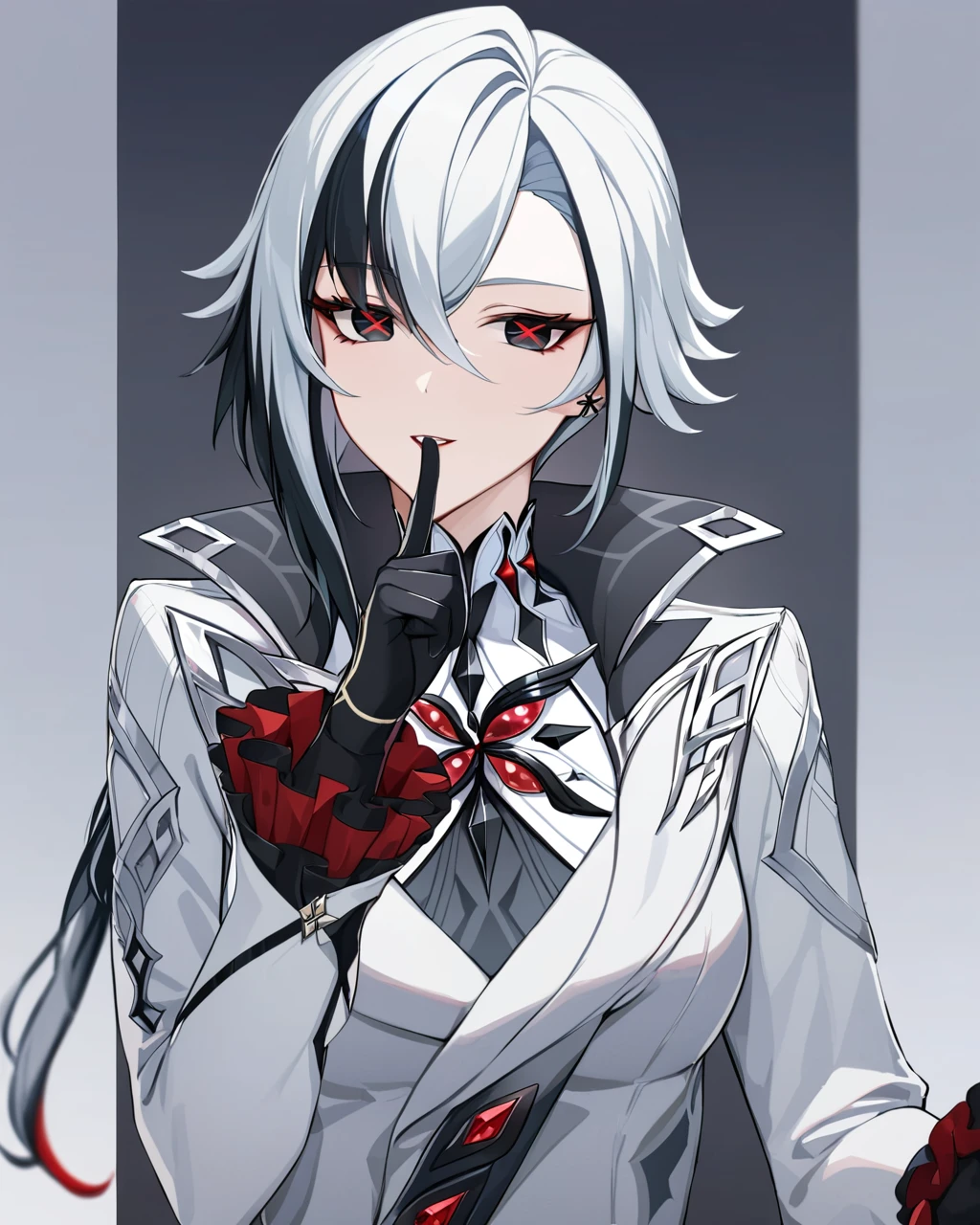 best quality, masterpieceï¼parted_lips, sidelocks, turtleneck, black_gloves, x-shaped_pupils, :d, looking_at_viewer, simple_background, highres, english_commentary, finger_to_mouth, index_finger_raised, solo, grey_background, 1girl, arlecchino_\(genshin_impact\), long_sleeves, absurdres <lora:arlecchino_new:1>