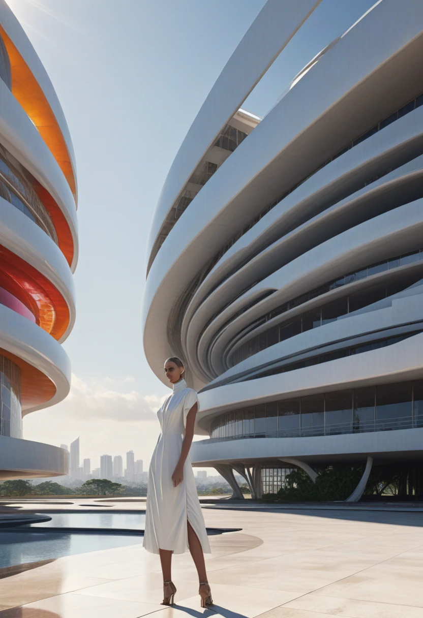 naked woman, highly detailed futuristic architecture by Oscar Niemeyer, ground-level view, stunning sunny lighting, vivid colors, trending on artstation, 8k, matte painting, ray tracing, hyper detailed, unreal engine, cinematic, epic lighting, cryengine, octane render, vibrant