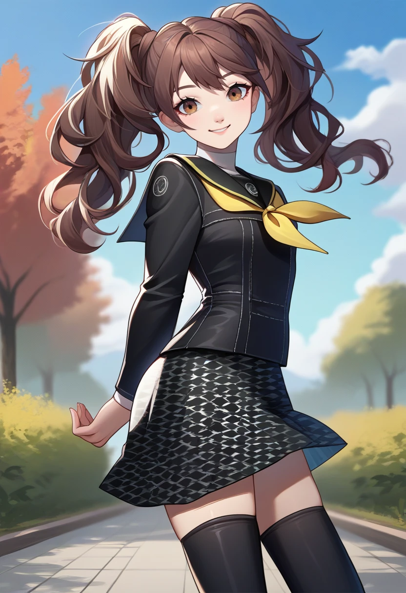 score_9, score_8_up, score_7_up, source_anime, solo, 1girl, kujikawadef, smile, looking at viewer, arms behind back, twintails, yasogami school uniform, black serafuku, yellow neckerchief, long black sleeves, black skirt, houndstooth, black thighhighs, outdoors <lora:persona4_kujikawa_ponyXL:1>