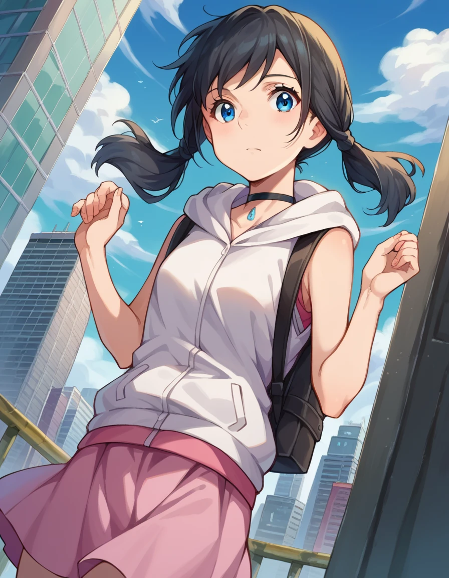 score_9, score_8_up, score_7_up, source_anime,
hinaamano, <lora:hina-amano-ponyxl-lora-nochekaiser:1>,
hina amano, black hair, twintails, blue eyes,
skirt, jacket, sleeveless, choker, hood, bag, hoodie, white jacket, backpack, hood down, hooded jacket, pink skirt, sleeveless jacket, sleeveless hoodie,
outdoors, cityscape,
looking at viewer, dutch angle, cowboy shot,