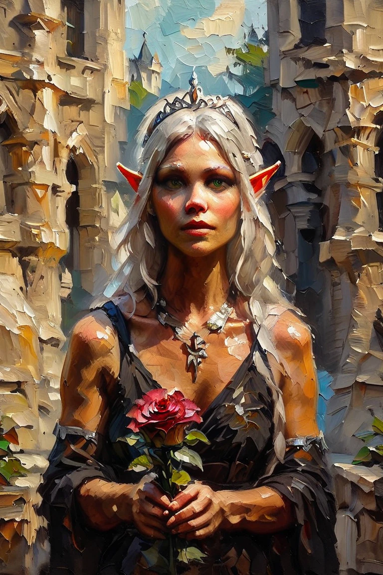 score_9, score_8_up, score_7_up, oil painting, traditional media, realistic, 1girl, solo, elf, pointy ears, breasts, long hair, very long hair, white hair, green eyes, portrait, looking at viewer, black dress, tiara, silver tiara, holding, holding flower, rose, red rose, necklace, jewelry, cowboy shot, standing, outdoors, castle <lora:Palette Knife Painting Style LoRA_Pony XL v6:1>