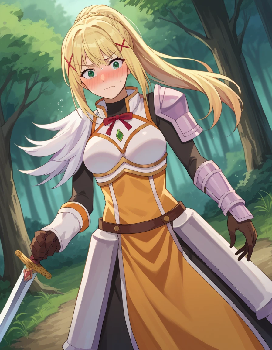 score_9, score_8_up, score_7_up, source_anime,
lalatinadustinessford, <lora:lalatina-dustiness-ford-ponyxl-lora-nochekaiser:1>,
lalatina dustiness ford, long hair, green eyes, blonde hair, hair ornament, ponytail, braid, x hair ornament, embarrassed, blush,
gloves, armor, bodysuit, shoulder armor, armored dress, sword, weapon, holding weapon, fighting stance,
outdoors, forest, nature, slime,
looking at viewer, dutch angle, cowboy shot,