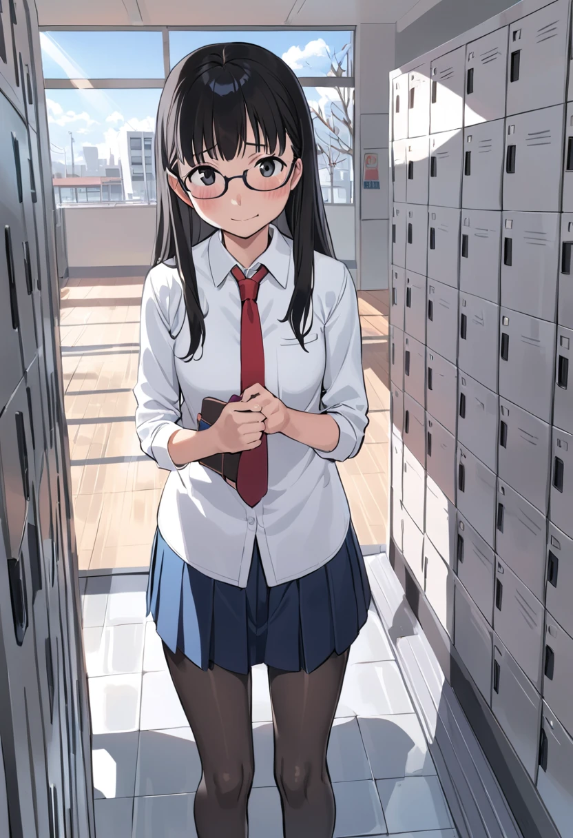 1girl, glasses, black hair, long hair, standing, red necktie, pantyhose, white shirt, blue skirt, collared shirt, pleated skirt, shy smile, blush, looking at viewer, solo focus,
getabako, scenery, window, locker, school, indoors, sunlight, building, day, reflective floor, bench, door
<lora:col_xl:0.6> <lora:gakkou_getabako_SDXL_V1:0.8>
best quality, ultra-detailed, illustration,