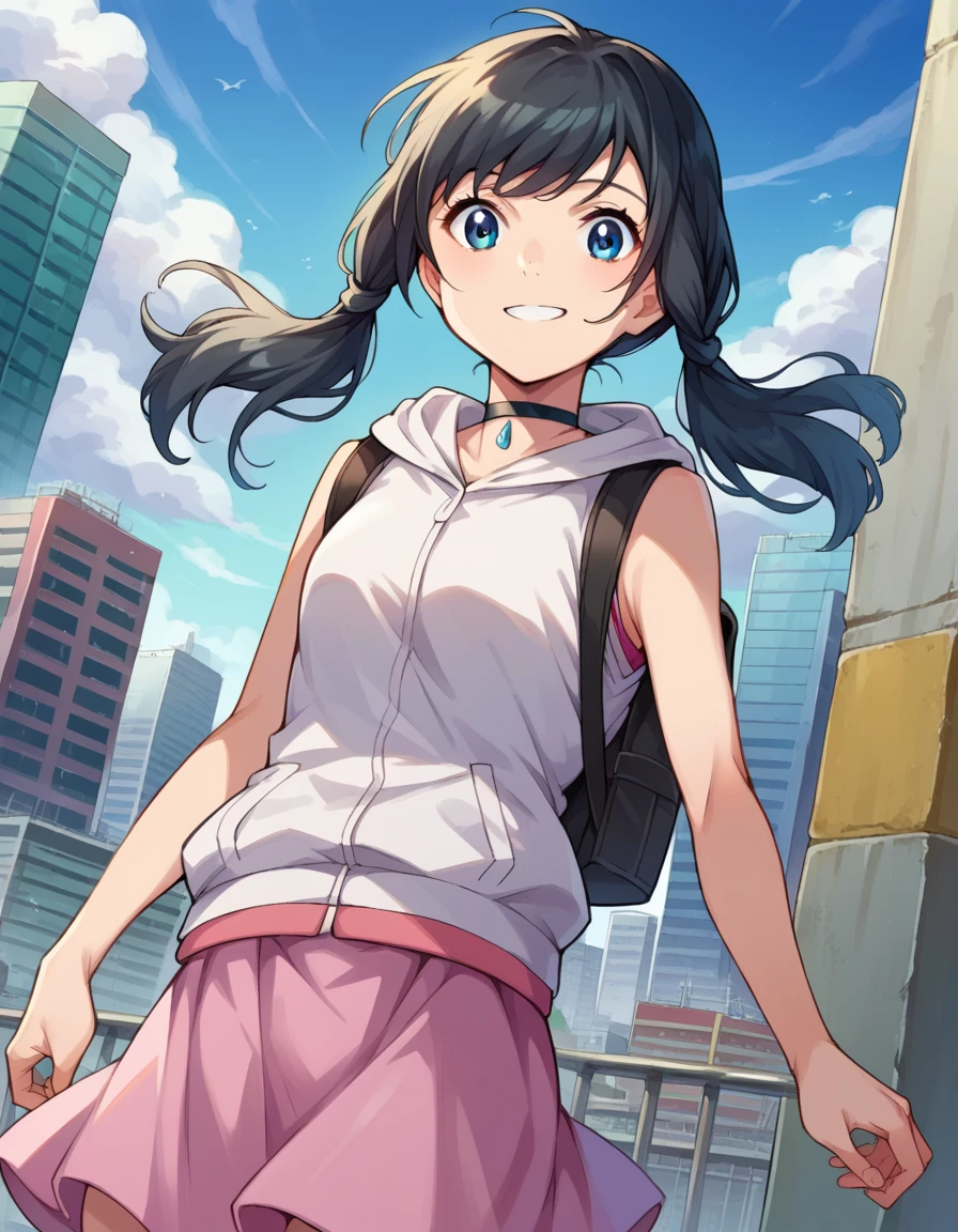 score_9, score_8_up, score_7_up, source_anime,
hinaamano, <lora:hina-amano-ponyxl-lora-nochekaiser:1>,
hina amano, black hair, twintails, blue eyes, smile,
skirt, jacket, sleeveless, choker, hood, bag, hoodie, white jacket, backpack, hood down, hooded jacket, pink skirt, sleeveless jacket, sleeveless hoodie,
outdoors, cityscape,
looking at viewer, dutch angle, cowboy shot,