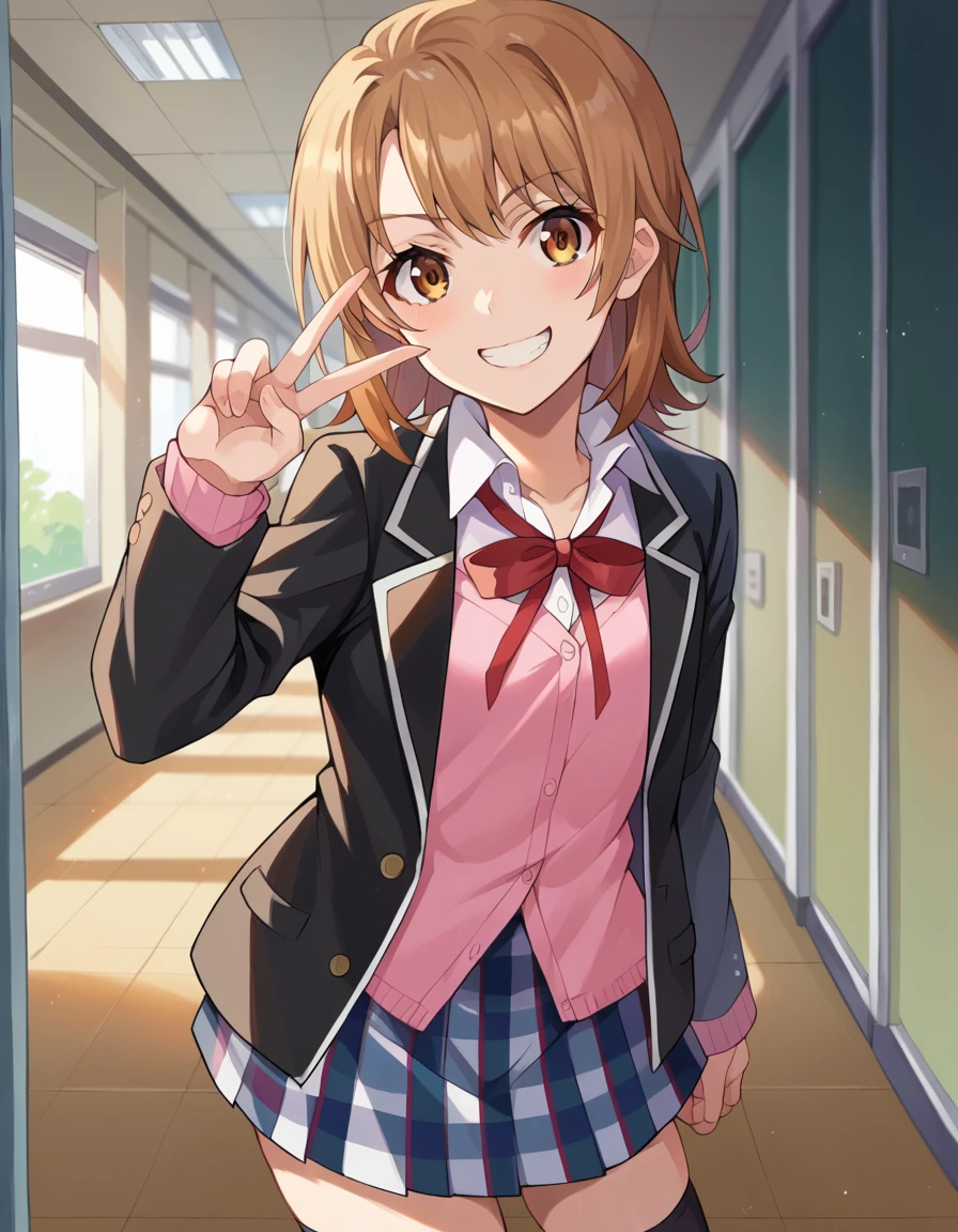 score_9, score_8_up, score_7_up, source_anime,
irohaisshiki, <lora:iroha-isshiki-ponyxl-lora-nochekaiser:1>,
iroha isshiki, short hair, brown hair, brown eyes, smile, grin, peace sign,
skirt, shirt, ribbon, school uniform, jacket, white shirt, open clothes, socks, open jacket, black jacket, plaid, kneehighs, plaid skirt, blazer, cardigan, black socks, pink cardigan, sobu high school uniform,
indoors, classroom, hallway,
looking at viewer, dutch angle, cowboy shot,