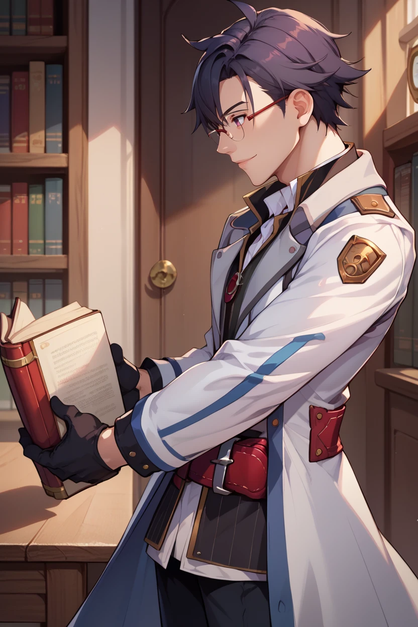 score_9, score_8_up, score_7_up, score_6_up, source_anime, BREAK 1boy, solo <lora:rean-pdxl-nvwls-v1-000006:0.9> sen3rean, black hair, white coat, black shirt, black gloves, thigh strap, red belt, black pants, profile, smile, holding book, glasses, library