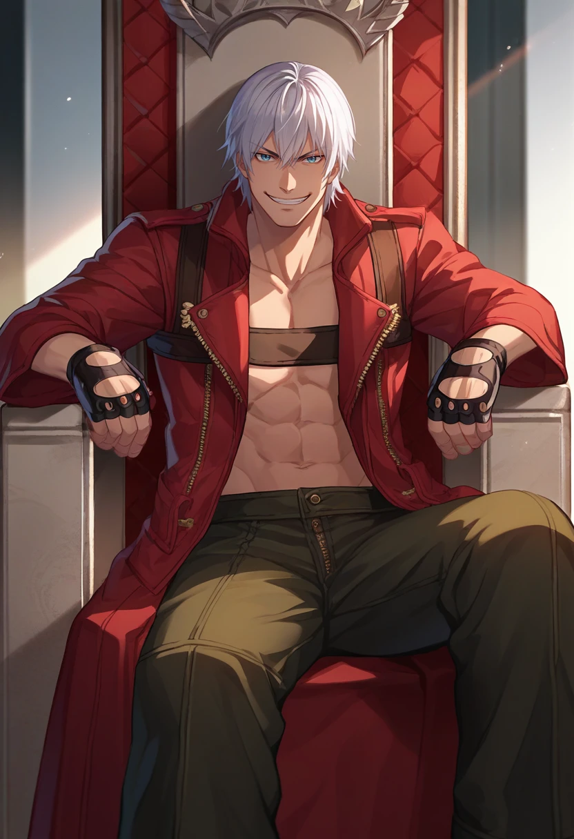 source_anime, looking down on viewer, intricate details, 1boy, young, scar_wuwa, male focus, multicolored hair, white hair, red hair,, tsurime, scar, seductive smile, toned male, sitting in the dark, dark room, indoors, sinozick style, from below, clothes off, penis visible, precum, muscular male, bara, pectorals, abs, no clothes, penis on hand, masturbation, no pants, no shirt, visible biceps, right hand on pectorals, muscle worship, standing up