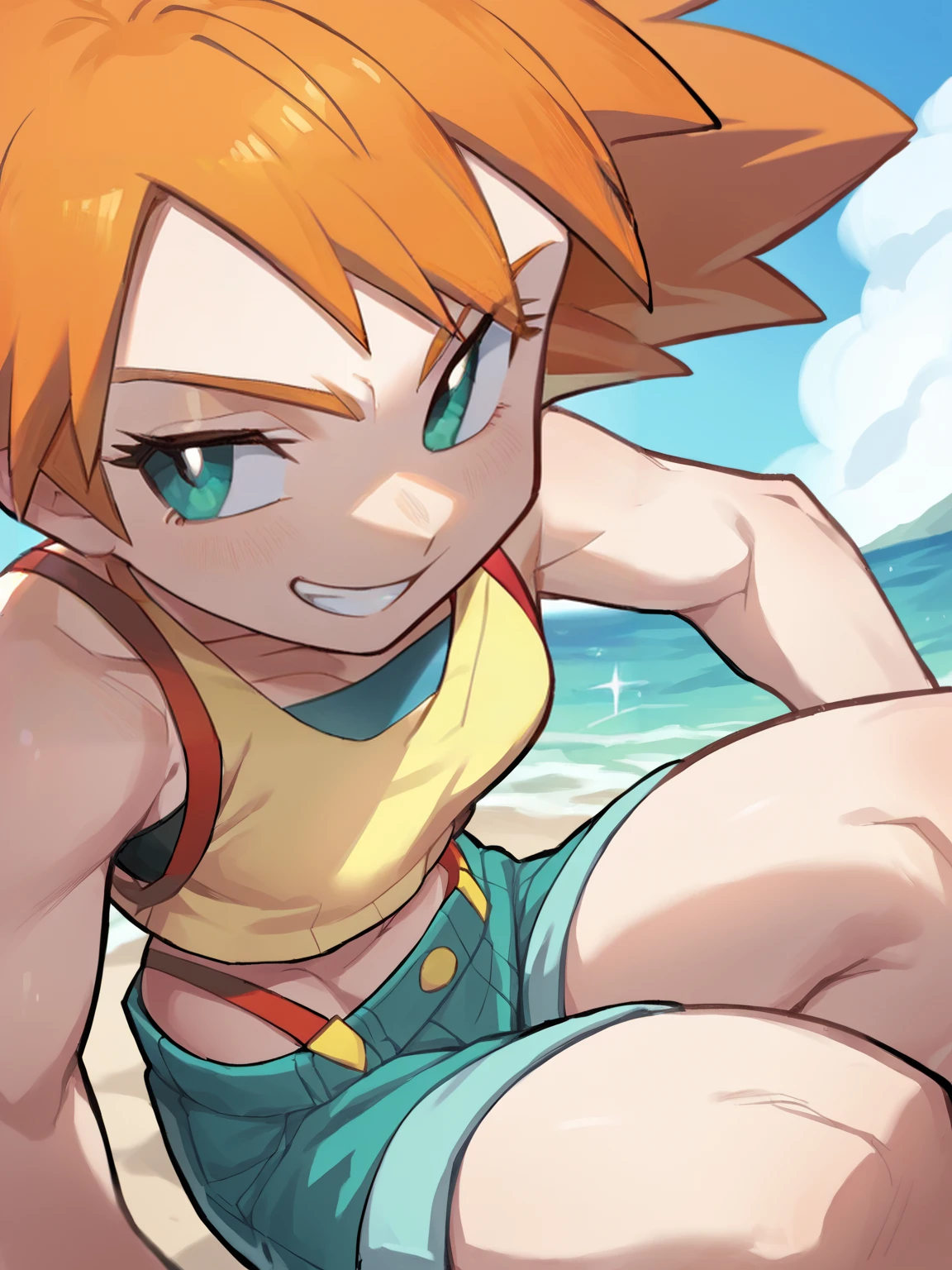 score_9, score_8_up, score_7_up, score_6_up, score_5_up, score_4_up, BREAK, source_anime, 1girl, misty \(pokemon\), orange hair, wearing a yellow crop top and a short shorts, smirk, sea, blue sky, sand, tropical island background   <lora:Hata4564XL:1>