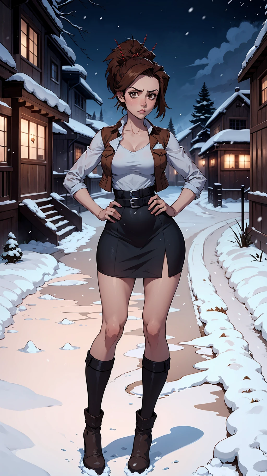 masterpiece, best quality, 1girl, solo, <lora:EPscFuu-07:1.0>, EPscFuu, brown hair, brown eyes,short hair, ponytail, hair ornament, straight-on, full body, snowy town, snow, ice, stalagmite, dawn, hands on hips, indigo vest, high-waist skirt, halo, sad