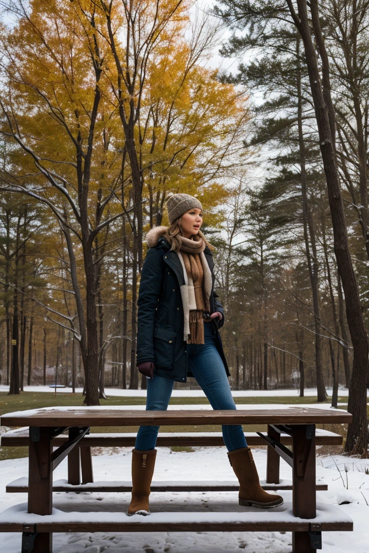 women, standing on a picnic table in a park, wearing Uggs,outdoors, winter time, jennifer lawrence,Best quality,4k,Realistic,highly detailed,