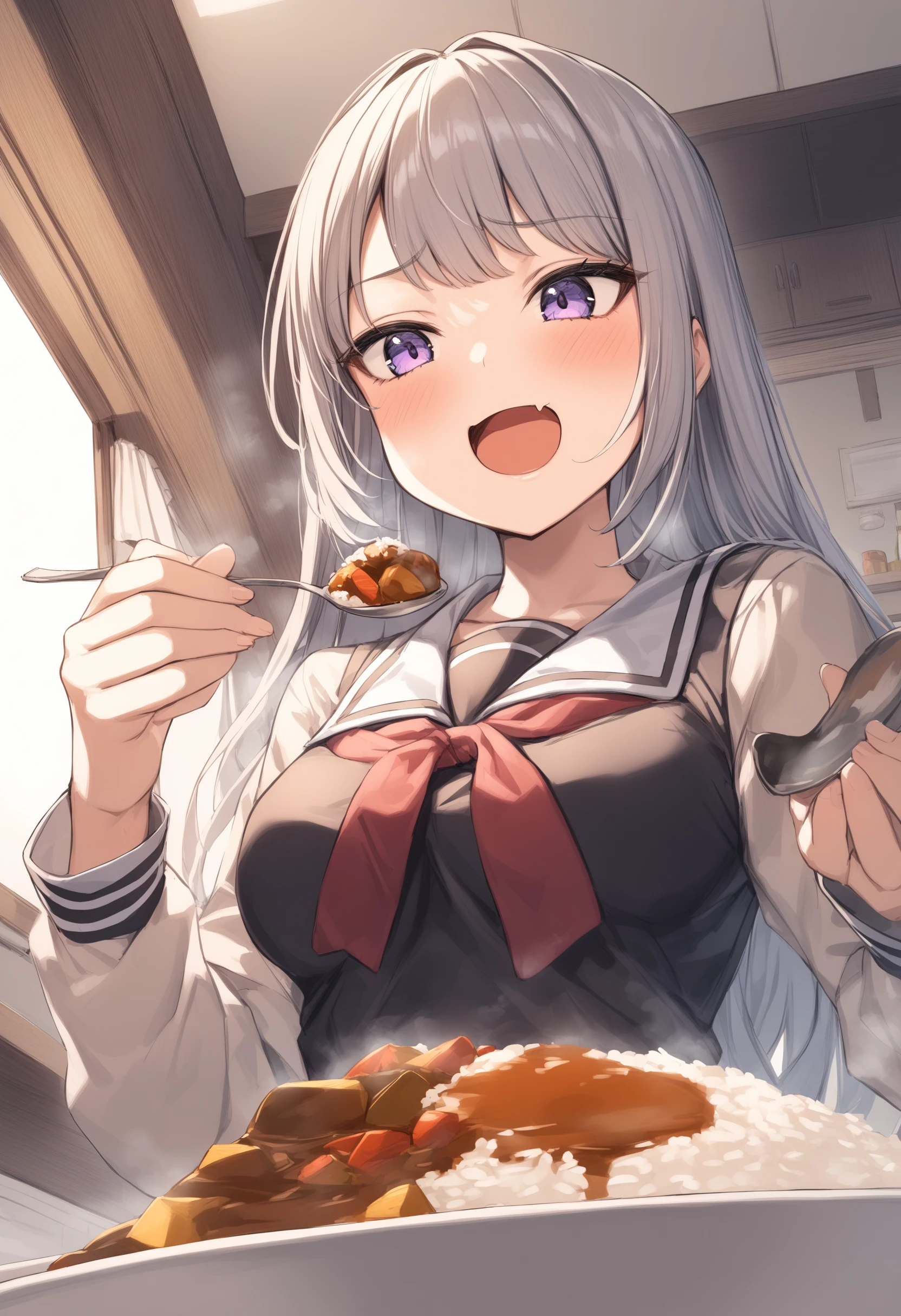 1girl, <lora:sdxl2-flat2-512b:-1>,medium breasts,school uniform,
<lora:curryrice_XL_v1:0.8>,curry rice ,solo, food, curry, rice, holding spoon, eating,
from below, portrait, looking ahead, smug, kitchen, open mouth,
best quality,medium quality,