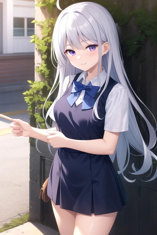 ((masterpiece)),(best quality),official art,extremely detailed CG,unity 8k wallpaper,ultra detailed,beautiful detailed eyes,extremely detailed face,1girl,solo,outdoors,cowboy shot,looking at viewer,facing viewer,smile,nubile,Kazami Kazuki,very long hair,white hair,sidelocks,bangs,purple eyes,school uniform,blue dress,collared dress,black bowtie,white shirt,short sleeves,medium breasts,white socks,loafers,<lora:Kazami Kazuki(gk)>,
