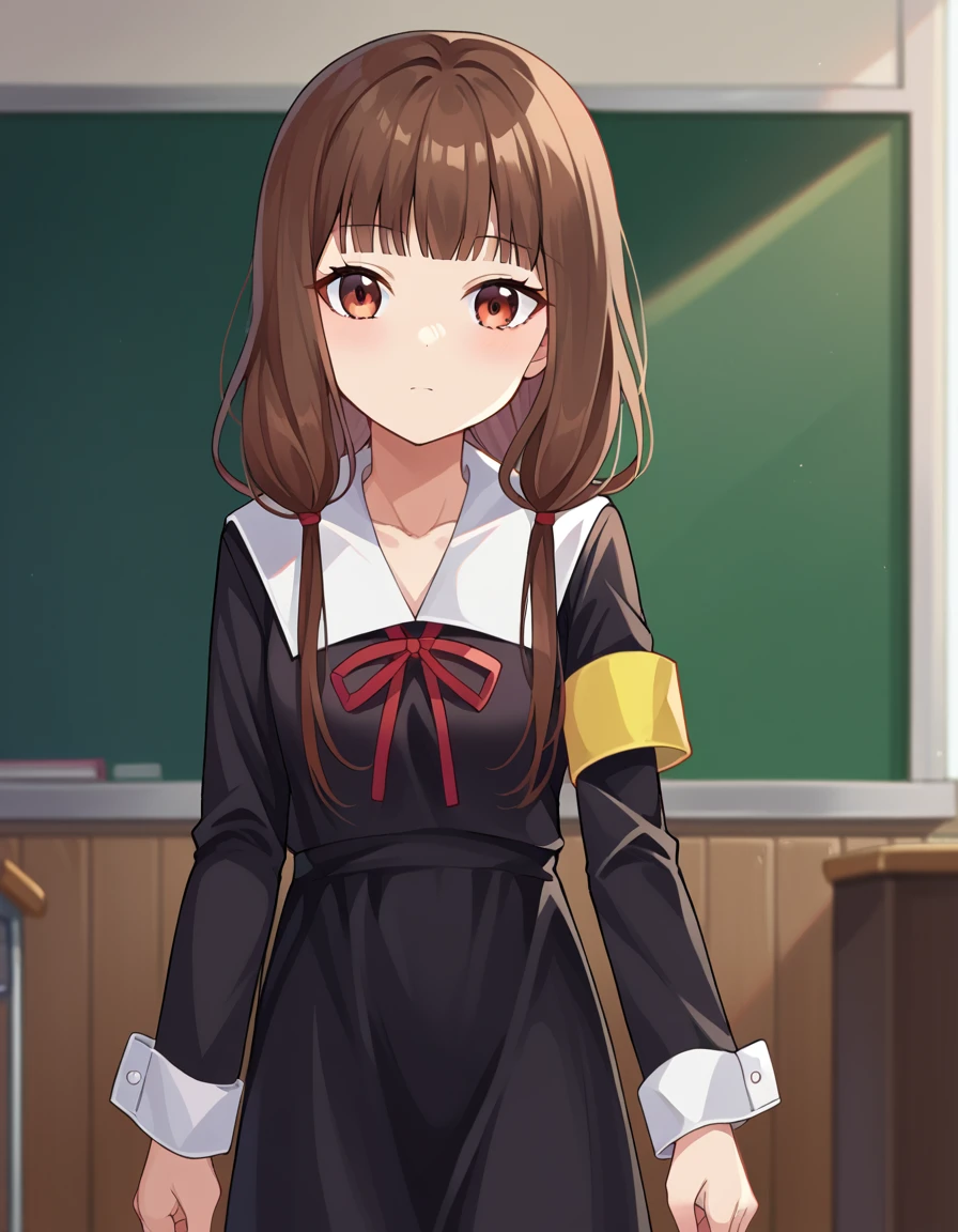 score_9, score_8_up, score_7_up, source_anime,
mikoiino, <lora:miko-iino-ponyxl-lora-nochekaiser:1>,
miko iino, blunt bangs, brown eyes, brown hair, hair tie, long hair, low twintails, red ribbon, ribbon, twintails,
long sleeves, dress, ribbon, school uniform, collarbone, black dress, sailor collar, white sailor collar, red ribbon, neck ribbon, shuuchiin academy school uniform, armband,
indoors, classroom, hallway,
looking at viewer, dutch angle, cowboy shot,