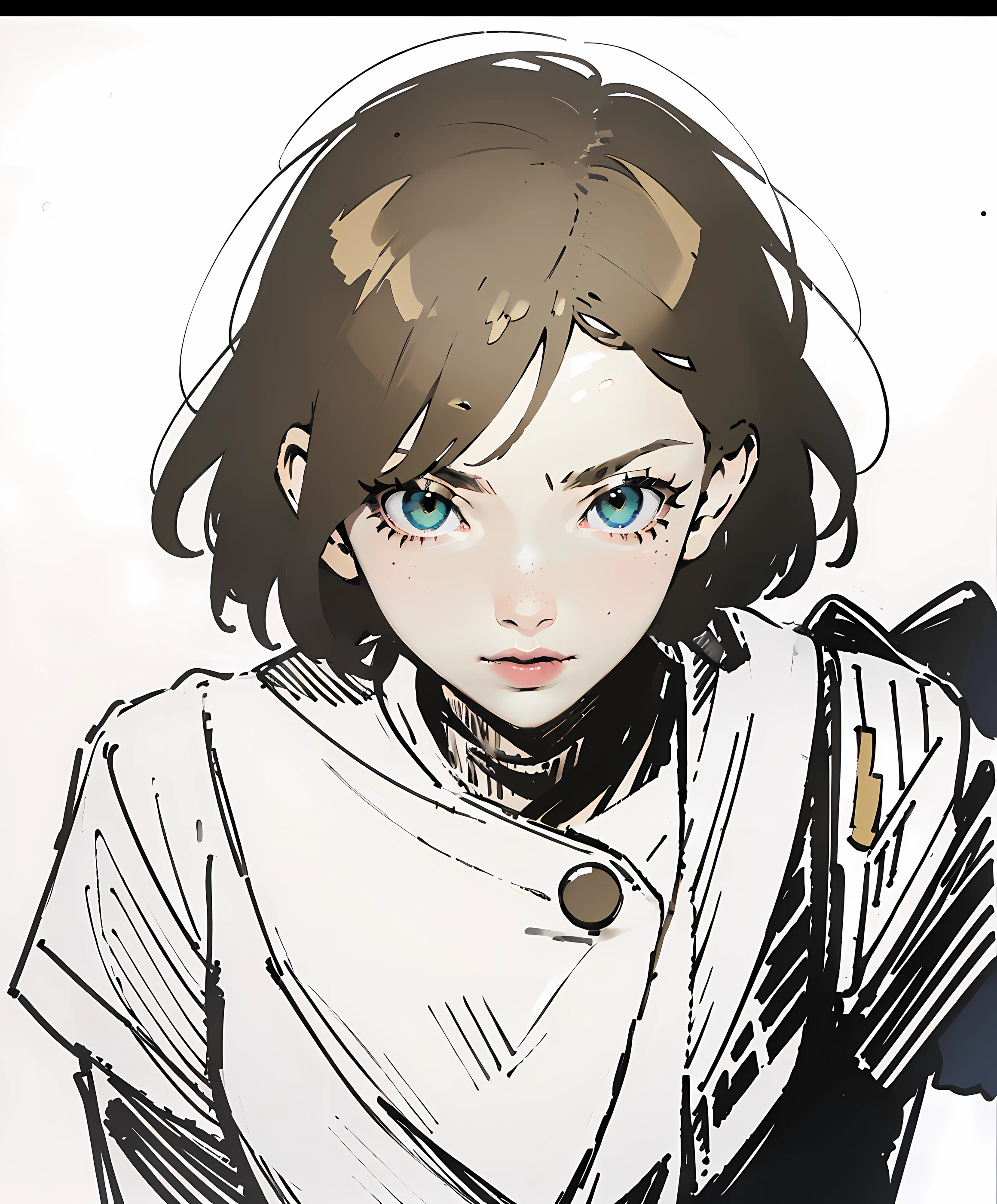 (masterpiece, top quality, best quality, official art, beautiful and aesthetic:1.2),
1girl, adult woman,
close up photo ,
dynamic pose ,
ginger hair , short hair ,
medium breasts, ,
seductive ,
winter clothes ,
lips closed, subtle lipstick,
joyful , freckles ,
golden eyes , beautiful eyes, staring into my soul, looking at viewer, ,
,
head tilted down ,
in the style of Takehiko Inoue ,
simple color background ,
<lora:add_detail:-2>
<lora:pensketch_without_pen_lora:1>