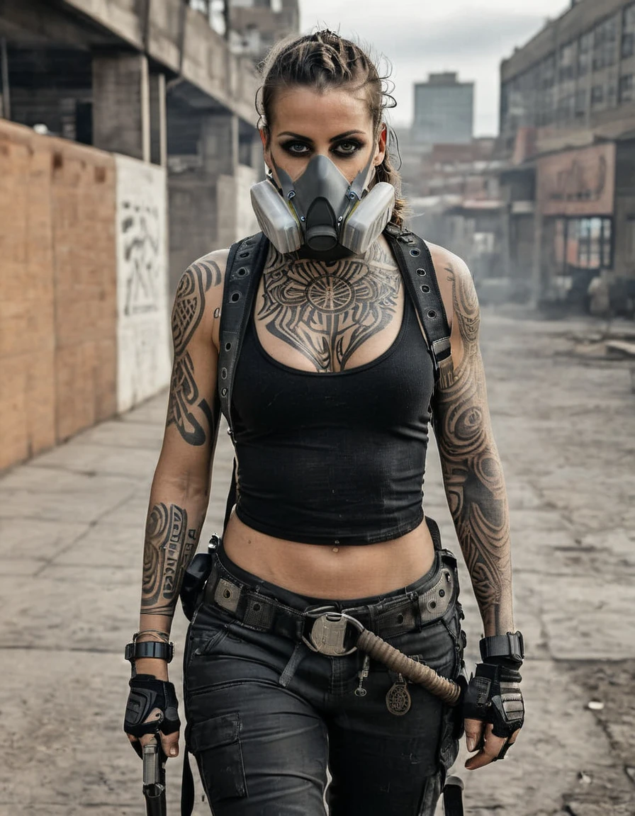 <lora:BF2EF11FDA:0.7> apocalyptic style, medium shot, photograph of tribal woman, tattoos, raider, respirator, wandering trough a desolate city scape, looking at viewer