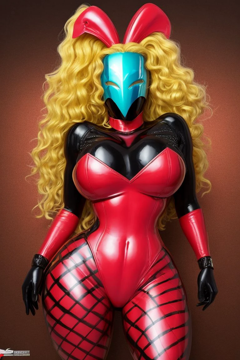 high resolution, masterpiece, high quality, <lora:CasinoBunny-000009:.8>, ((bar background)), 1 Casinobunny, huge breasts, black bodysuit, black gloves, red cuffs, strapless red leotard, bright blonde hair, wasp-waisted, ((faceless, silvermask covering face and eyes)), red fishnets on legs, red bunny ears, long curly hair, holding tray of drinks