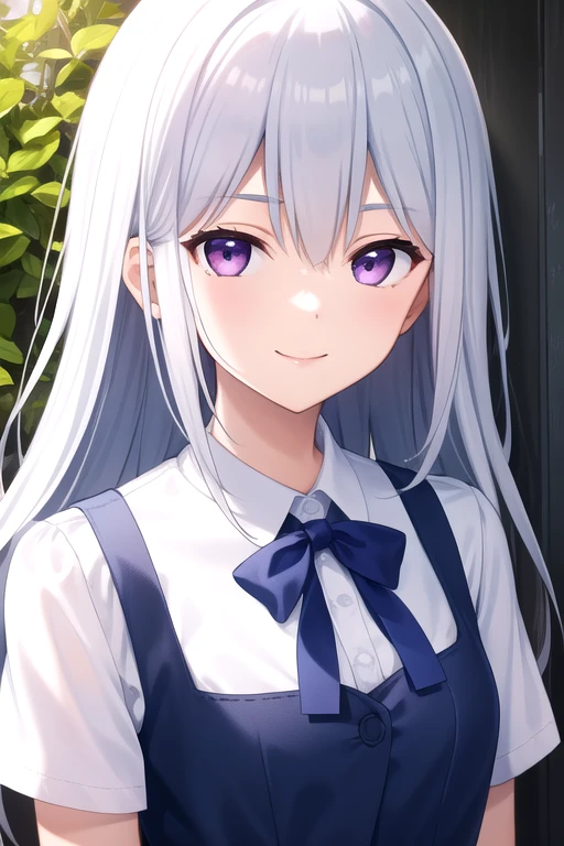 ((masterpiece)),(best quality),official art,extremely detailed CG,unity 8k wallpaper,ultra detailed,beautiful detailed eyes,extremely detailed face,1girl,solo,outdoors,upper body,(portrait:1.5),looking at viewer,facing viewer,smile,nubile,Kazami Kazuki,very long hair,white hair,sidelocks,bangs,purple eyes,school uniform,blue dress,collared dress,black bowtie,white shirt,short sleeves,medium breasts,white socks,loafers,<lora:Kazami Kazuki(gk)>,
