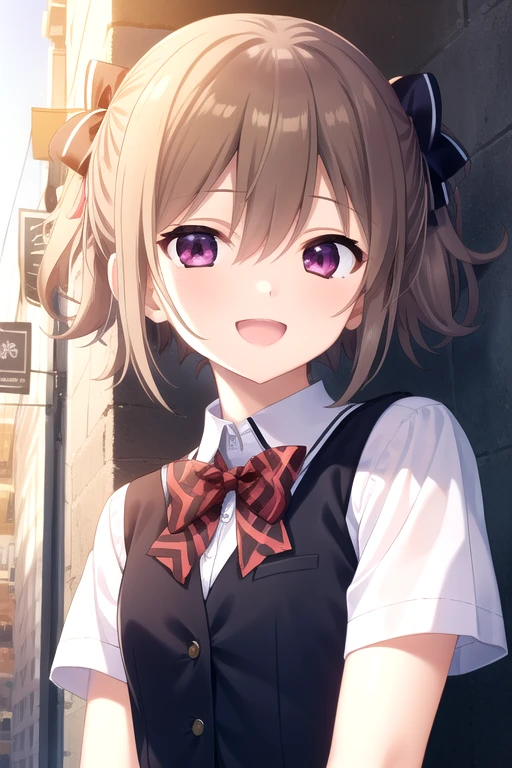 ((masterpiece)),(best quality),official art,extremely detailed CG,unity 8k wallpaper,ultra detailed,beautiful detailed eyes,extremely detailed face,1girl,solo,outdoors,upper body,(portrait:1.5),looking at viewer,facing viewer,smile,nubile,Irisu Makina,brown hair,short hair,shiny hair,short twintails,hair ribbon,hair bow,purple bow,sidelocks,hair between eyes,pink eyes,:d,school uniform,black vest,buttons,red bowtie,plaid bowtie,collared shirt,white shirt,short sleeves,small breasts,black skirt,black thighhighs,zettai ryouiki,loafers,<lora:Irisu Makina(gk)>,