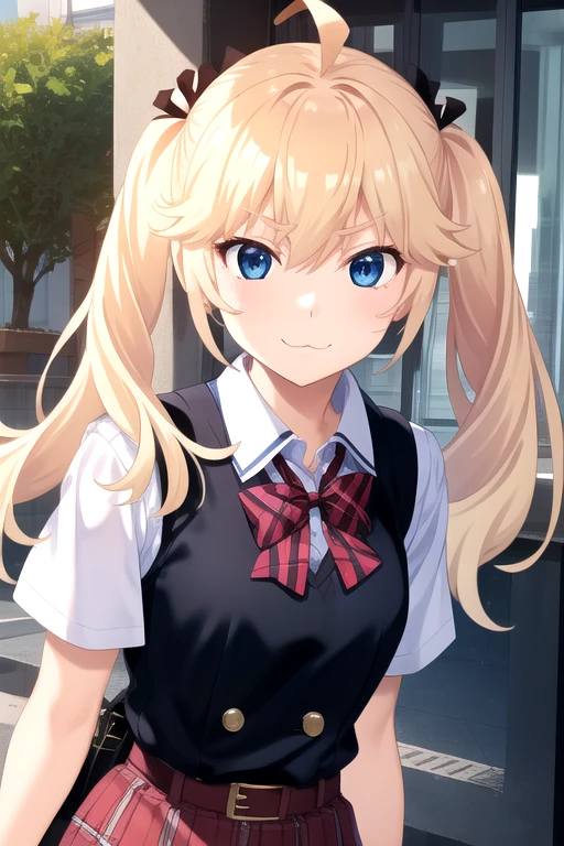 ((masterpiece)),(best quality),official art,extremely detailed CG,unity 8k wallpaper,ultra detailed,beautiful detailed eyes,extremely detailed face,1girl,solo,outdoors,upper body,(portrait:1.5),looking at viewer,facing viewer,smile,nubile,Dancing,Matsushima Michiru,ahoge,long hair,blonde hair,twintails,hair ribbon,black ribbon,floating hair,sidelocks,hair between eyes,blue eyes,:3,school uniform,black vest,buttons,red bowtie,plaid bowtie,collared shirt,white shirt,short sleeves,wrist scrunchie,medium breasts,fanny pack,belt pouch,red skirt,plaid skirt,zettai ryouiki,black thighhighs,loafers,<lora:Matsushima Michiru(gk)>,