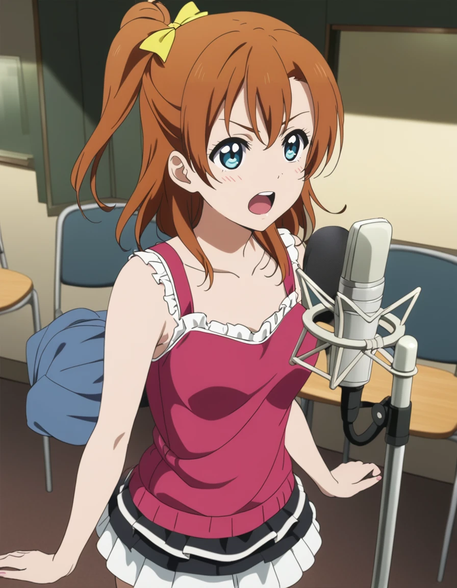 1girl,solo,
kousaka honoka, love live!,blue eyes,
casual wear,skirt,
<lora:voiceactorXL2:0.8>,voiceactor,
angry,open mouth,
studio microphone,microphone stand,recording studio,holding book,folding chair,
masterpiece, best quality, ultra detailed, highres,4k,(ultra-detailed:1.4) (illustration:0.5), (ray tracing,:0.8),(anime colored:0.7),(ai-generated:0.5),