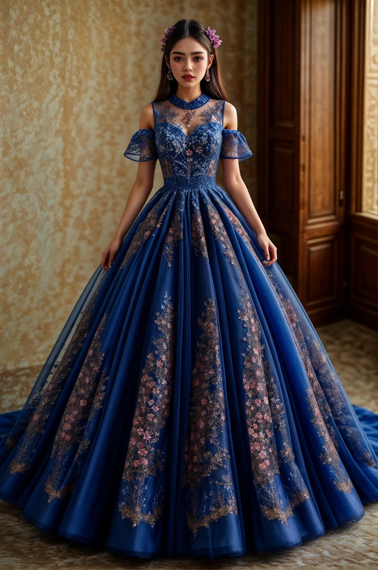 masterpiece,best quality,dynamic_angle,1girl,dress,<lora:formal attire:0.8>,formal attire,<lora:add_detail:1>,Transparent,blue,flower,printing,