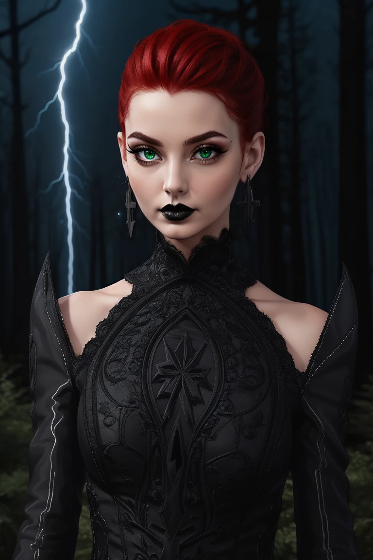upper body, woman, red hair, wearing HUD_Evl_Que3n_2, intricate carved black dress, earrings, <lora:Evil_Queens_Sister-000009:0.65>, (The Enchanted Forest:1.2), (((Mystical)), evil, eyeliner, black lips, dark skies, lightning