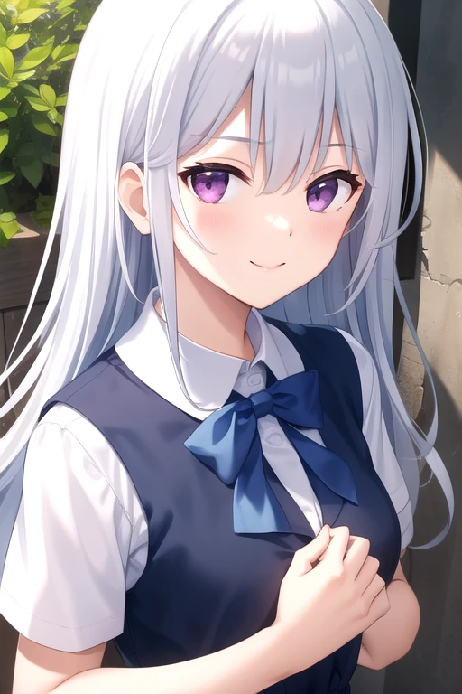 ((masterpiece)),(best quality),official art,extremely detailed CG,unity 8k wallpaper,ultra detailed,beautiful detailed eyes,extremely detailed face,1girl,solo,outdoors,upper body,(portrait:1.5),looking at viewer,facing viewer,smile,nubile,Kazami Kazuki,very long hair,white hair,sidelocks,bangs,purple eyes,school uniform,blue dress,collared dress,black bowtie,white shirt,short sleeves,medium breasts,white socks,loafers,<lora:Kazami Kazuki(gk)>,