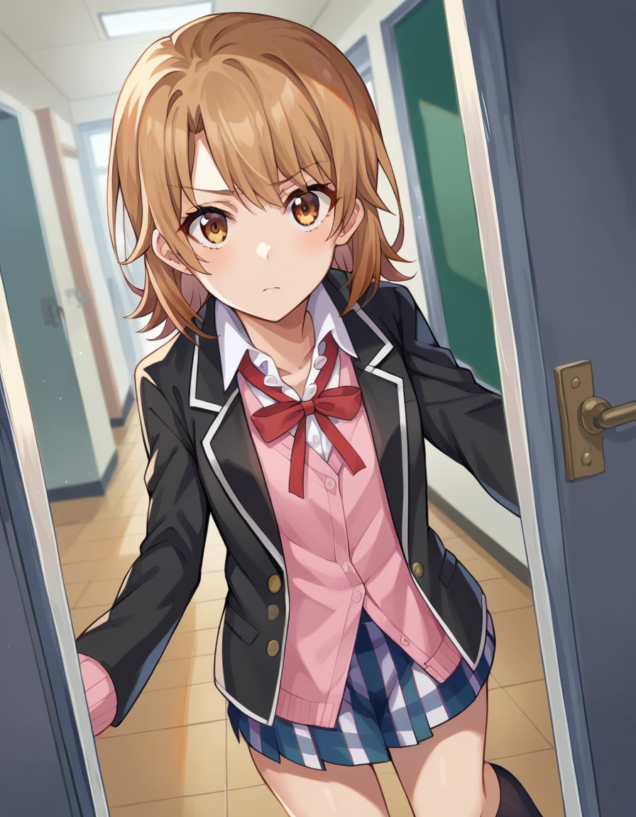 score_9, score_8_up, score_7_up, source_anime,
irohaisshiki, <lora:iroha-isshiki-ponyxl-lora-nochekaiser:1>,
iroha isshiki, short hair, brown hair, brown eyes,
skirt, shirt, ribbon, school uniform, jacket, white shirt, open clothes, socks, open jacket, black jacket, plaid, kneehighs, plaid skirt, blazer, cardigan, black socks, pink cardigan, sobu high school uniform,
indoors, classroom, hallway,
looking at viewer, dutch angle, cowboy shot,