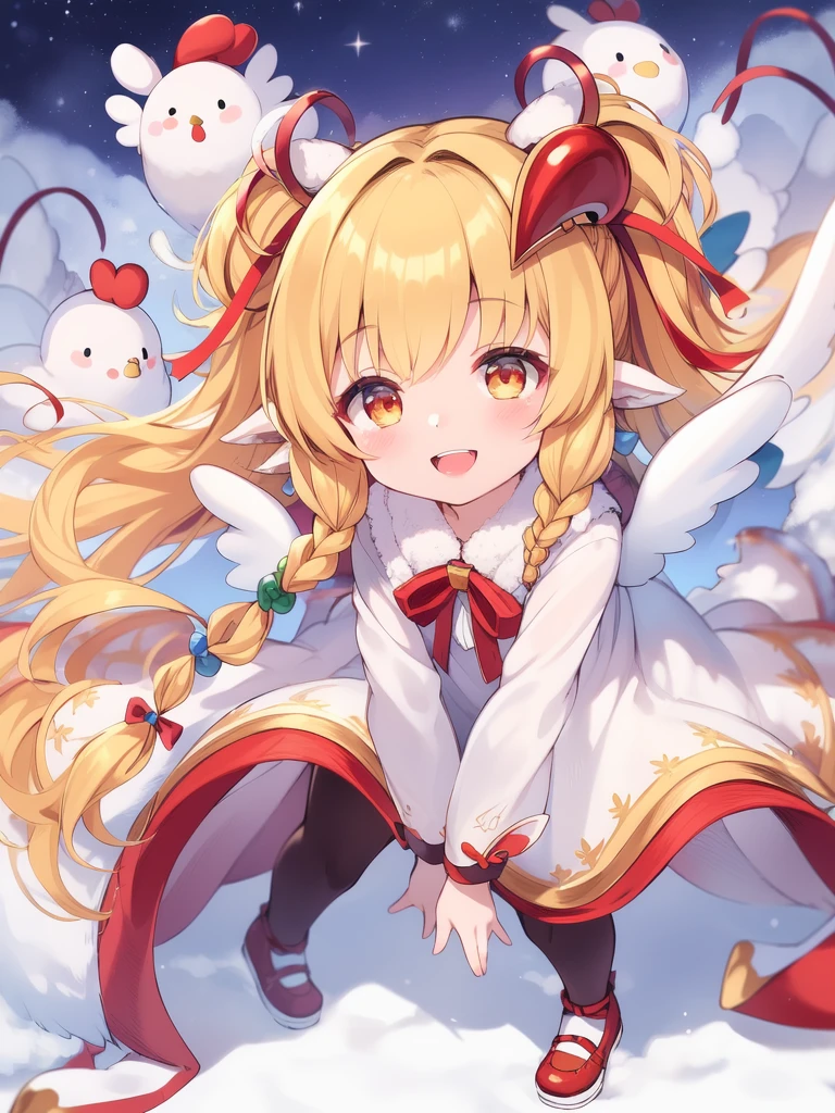 <lora:Mahira:0.8>,Mahira, 1girl, blonde hair, harvin, long hair, looking at viewer, solo, open mouth, smile, bird, braid, blush, ribbon, bangs, wings, red footwear, pantyhose, dress, animal ears, hair ornament, :d, shoes, chicken, white dress, red ribbon, pointy ears,
masterpiece, high quality, very_high_resolution, large_filesize, full color,