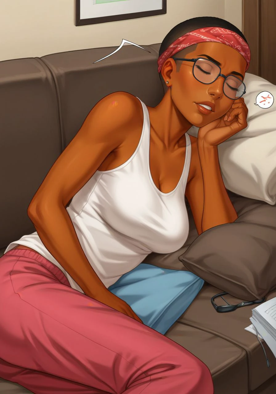 score_9, score_8_up, score_7_up, BREAK doctor's office, <lora:r3dFO_PDXL:0.8> r3dFO, dark-skinned female, buzz cut, dark eyes, glasses, headband, tanktop, pajama pants, blanket, lying, on side, eyes closed, a girl takes a nap on a couch, 1girl, spoken zzz