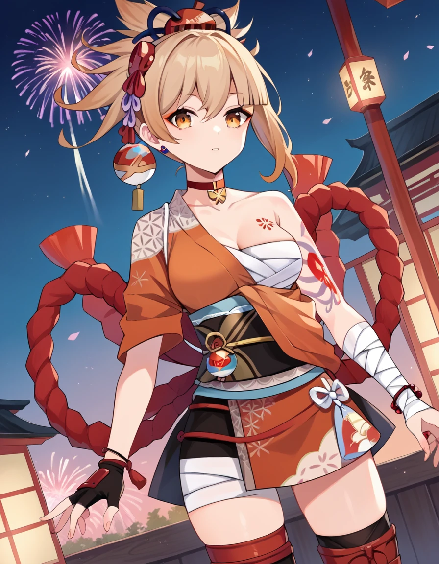 score_9, score_8_up, score_7_up, source_anime,
yoimiya, <lora:yoimiya-ponyxl-lora-nochekaiser:1>,
yoimiya, bangs, blonde hair, hair ornament, hair between eyes, ponytail, sidelocks, orange eyes, light brown hair,
thighhighs, gloves, jewelry, japanese clothes, choker, fingerless gloves, kimono, bracelet, sash, tattoo, bandages, obi, rope, asymmetrical legwear, pouch, sarashi, bandaged arm, red choker, arm tattoo, shimenawa, bandaged leg, chest tattoo, hadanugi dousa, orange kimono, single fingerless glove,
outdoors, shrine, fireworks, festival,
looking at viewer, dutch angle, cowboy shot,