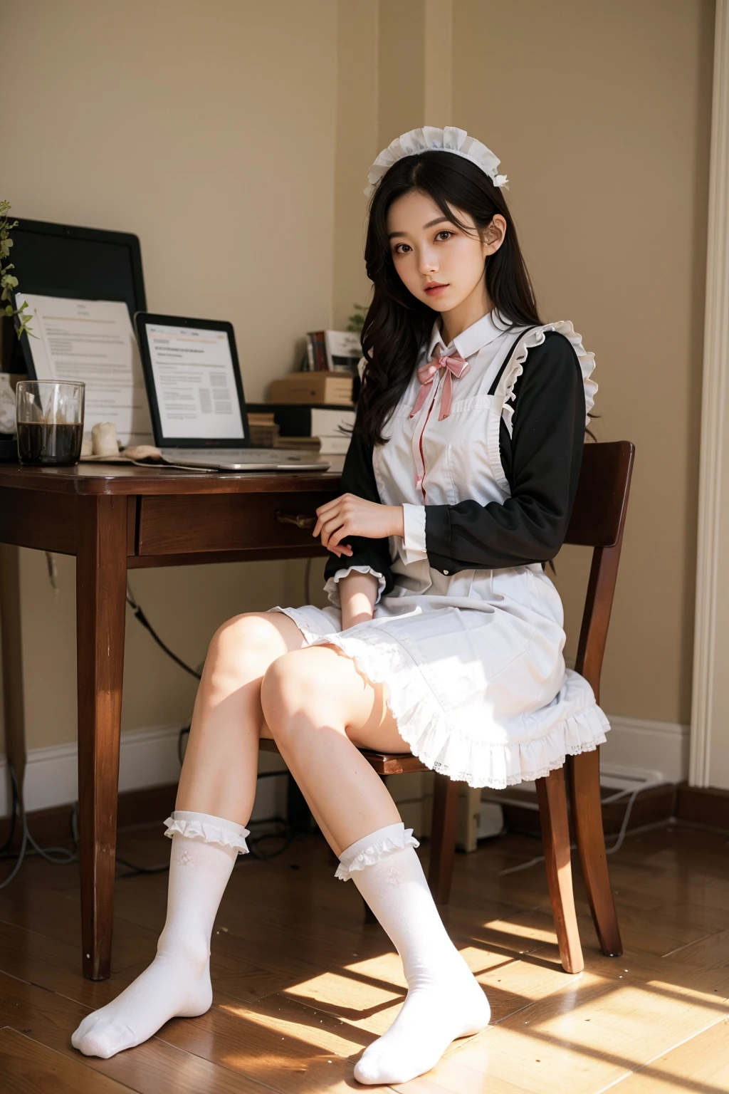 masterpiece, best quality, photo realistic, realistic, 1girl, <lora:rufflesocks:0.65> rufflesocks, lace socks, long hair, sunlight, sitting on chair, full body, maid uniform