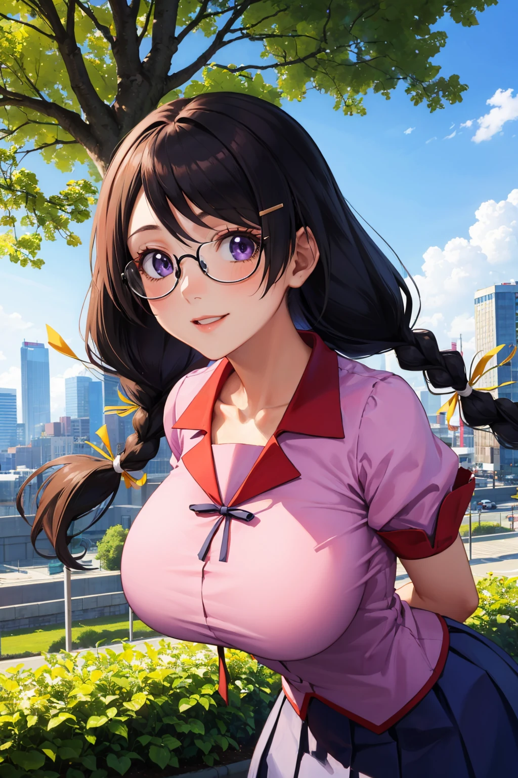 masterpiece, best quality, <lora:hanekawa-nvwls-v1-000008:0.9> defTsubasa, black hair, purple eyes, twin braids, glasses, pink shirt, puffy sleeves, short sleeves, pleated skirt, (huge breasts:0.8), arms behind back, leaning forward, smile, happy, blue sky, tree, city, upper body, looking at viewer