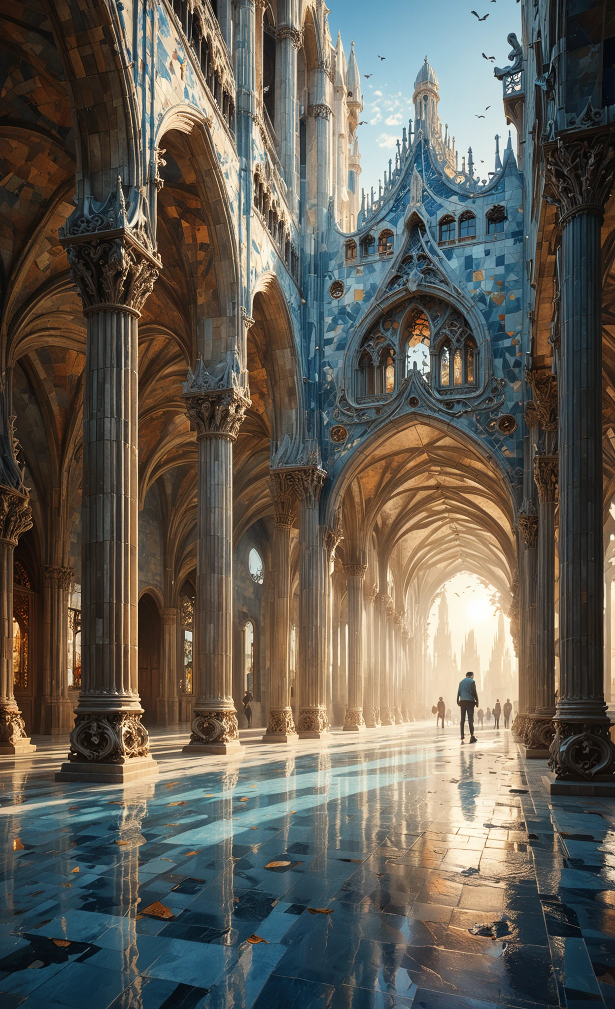 (art by Antoni Gaudi, by Angus McKie and Atelier Olschinsky), extreme beautiful painting in the style on detailed hyperrealism, cinematic composition, close up shot of surrial building in a middle of square paved with white marble tiles, ray traced reflections, flying birds, solar prominence, fog, ((impressive vivid blue and black colors)), stars, photorealistic, masterpiece, intricately detailed, natural lighting, volumetric lighting, concept art, elegant, artstation, sun rays,