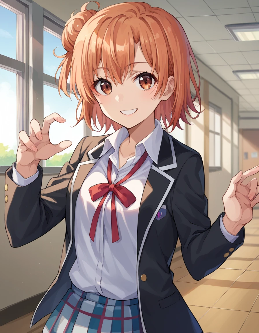 score_9, score_8_up, score_7_up, source_anime,
yuiyuigahama, <lora:yui-yuigahama-ponyxl-lora-nochekaiser:1>,
yui yuigahama, short hair, brown eyes, orange hair, hair bun, single hair bun, smile,
skirt, shirt, ribbon, school uniform, jacket, white shirt, black jacket, blazer, sobu high school uniform,
indoors, classroom, hallway,
looking at viewer, dutch angle, cowboy shot, dynamic pose,