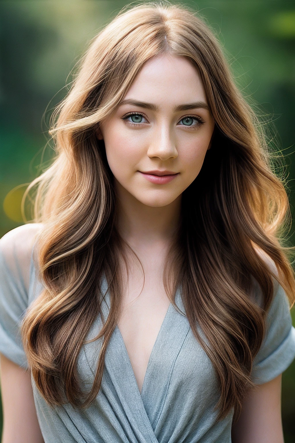 Pretty woman, similar to Amouranth,cute,huge natural breasts, red hair curly/flowing, detailed dark green eyes and face, not to skinny, naughty smile, make it ultra-realistic, western european girl, in the snow in the mountains, clothing colour needs to be anything but green, EXTREMELY DETAILED BLUE EYES